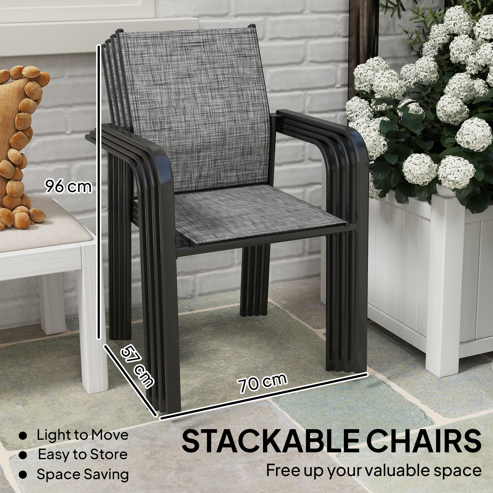 Stackable Patio Chairs Set of 4, Outdoor Dining Chairs with 20" Deep Seat, All Weather Breathable Mesh, Armrests, Grey - Image 2