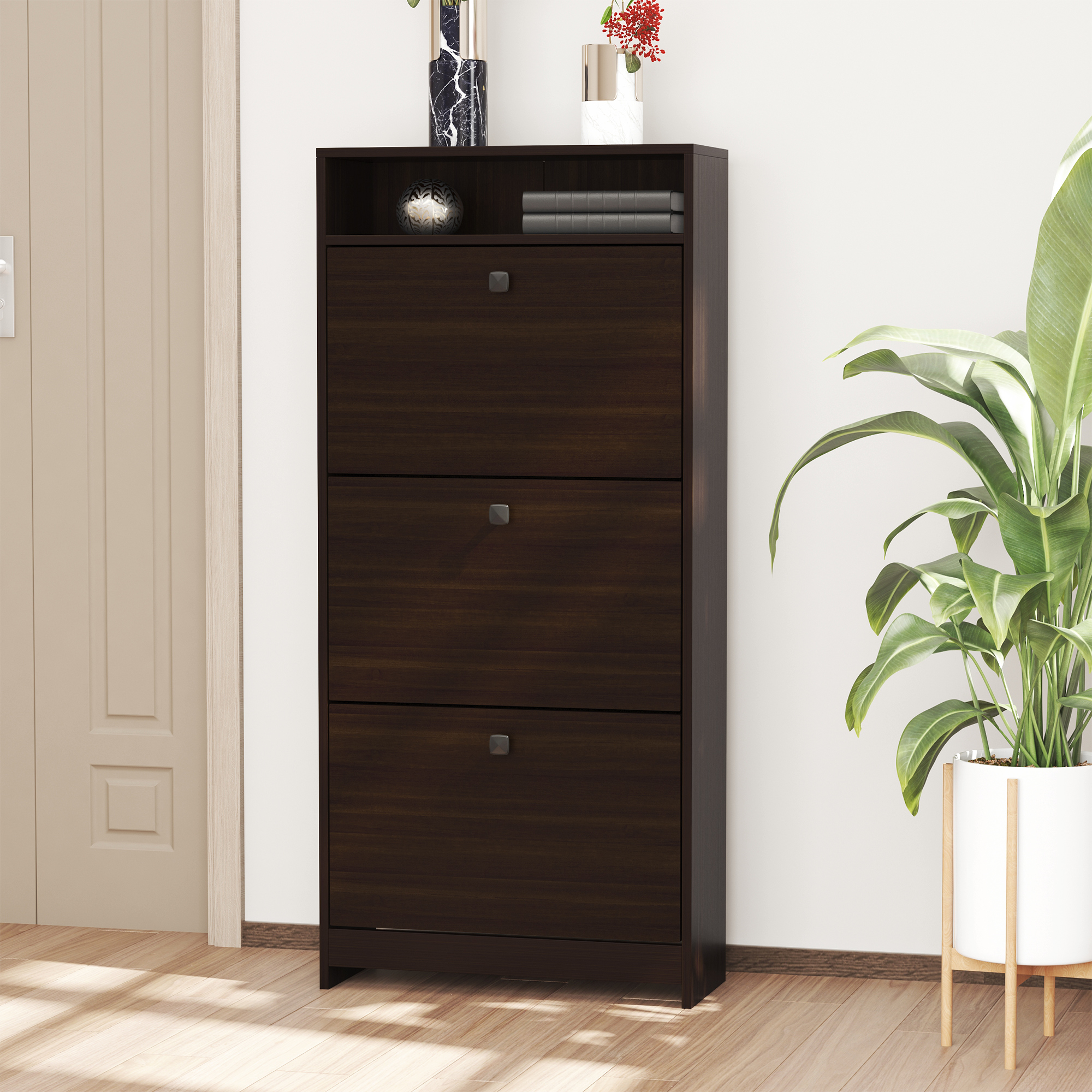 Slim Shoe Storage with 3 Flip Drawers and Adjustable Shelves Shoe Cabinet Organizer for 9 Pair, Coffee - Image 6