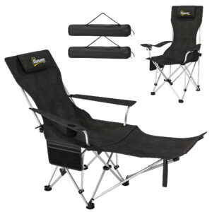 Set of 2 Reclining Camping Chair with Foot Rest, Folding Camping Chair w/ Headrest, Cup Holder, Storage Bag, Black