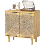 Handwoven Rope Accent Cabinet Boho Sideboard Buffet Cabinet with Push to Open Doors Adjustable Shelf Pine Wood Legs Oak