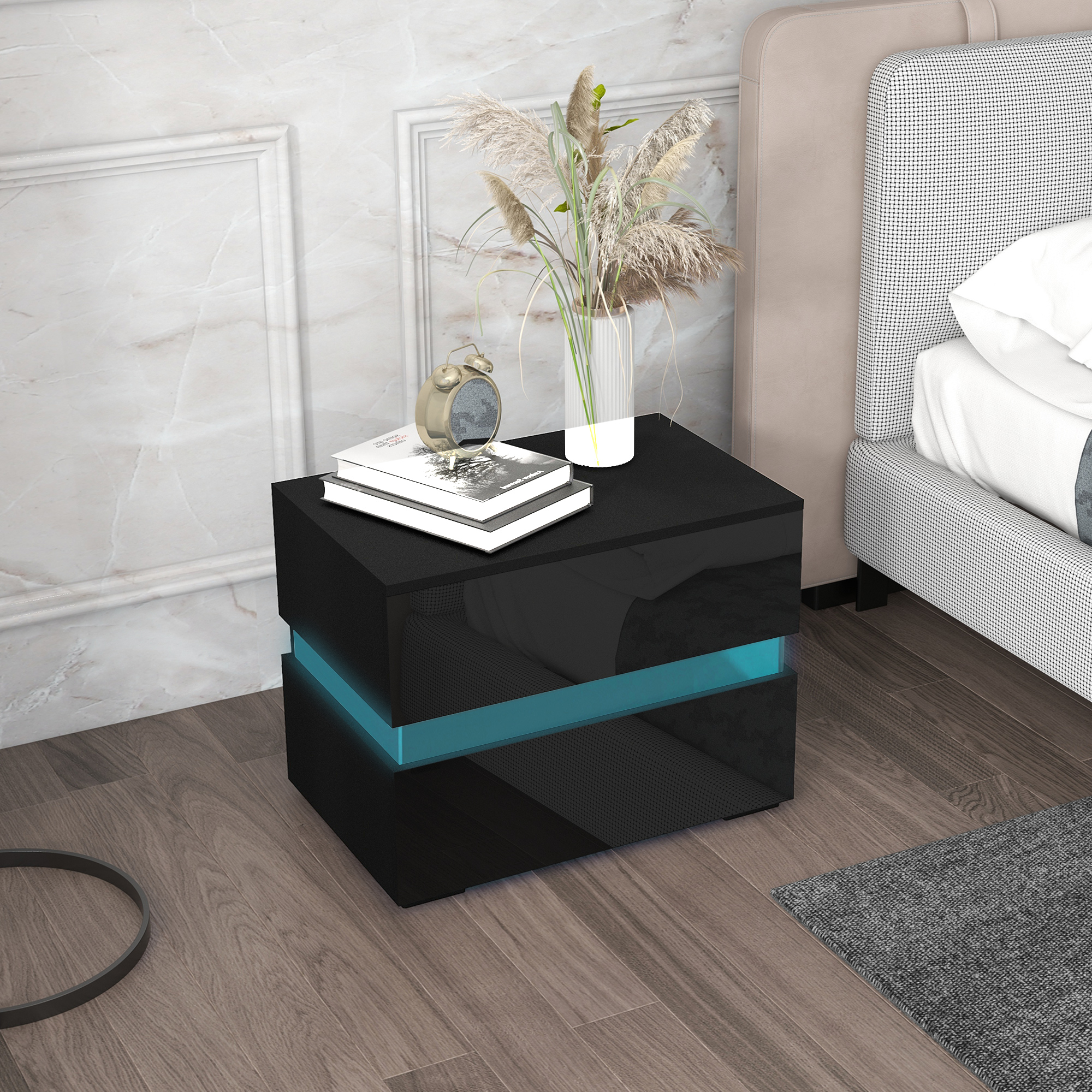 Modern Nightstand, Bedside Table with 2 Drawers, RGB LED Lights for Bedroom, Black - Image 6