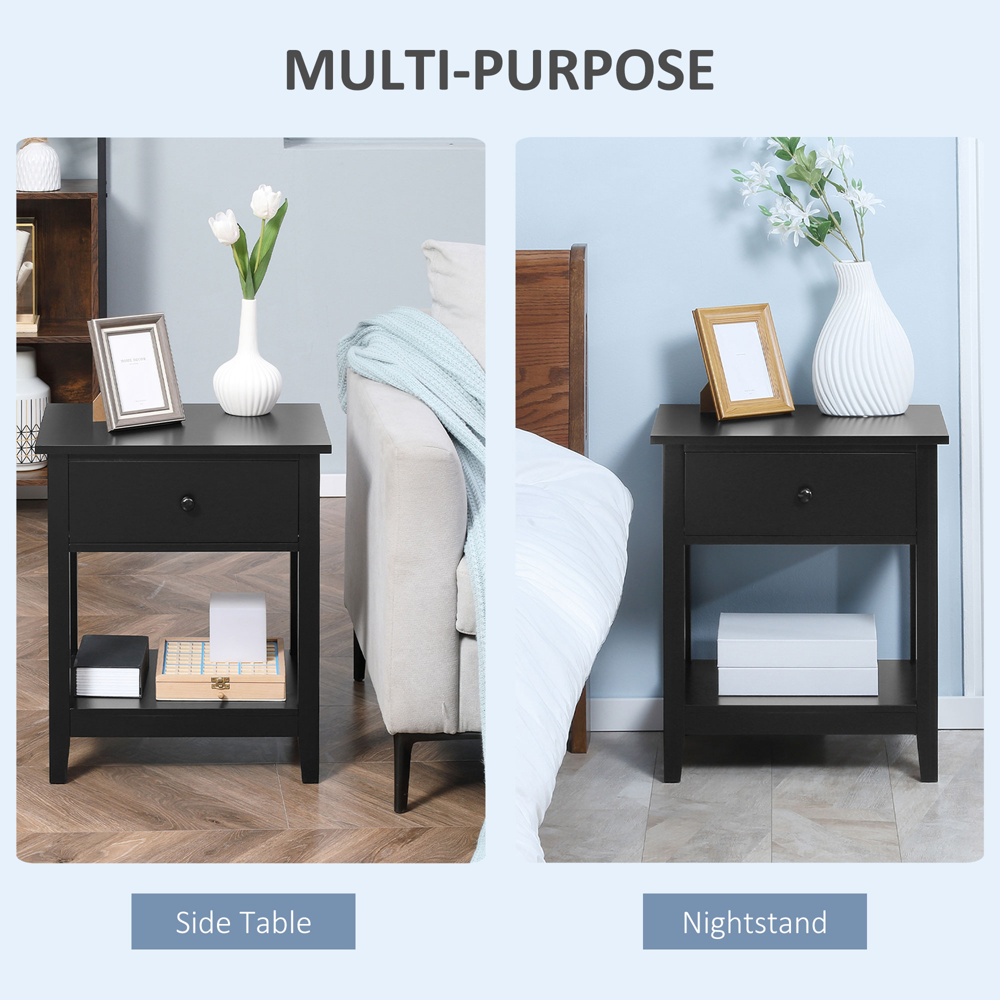 Modern Style Nightstand, Small End Table with Drawer and Storage Shelf for Bedroom, Living Room, Black - Image 3