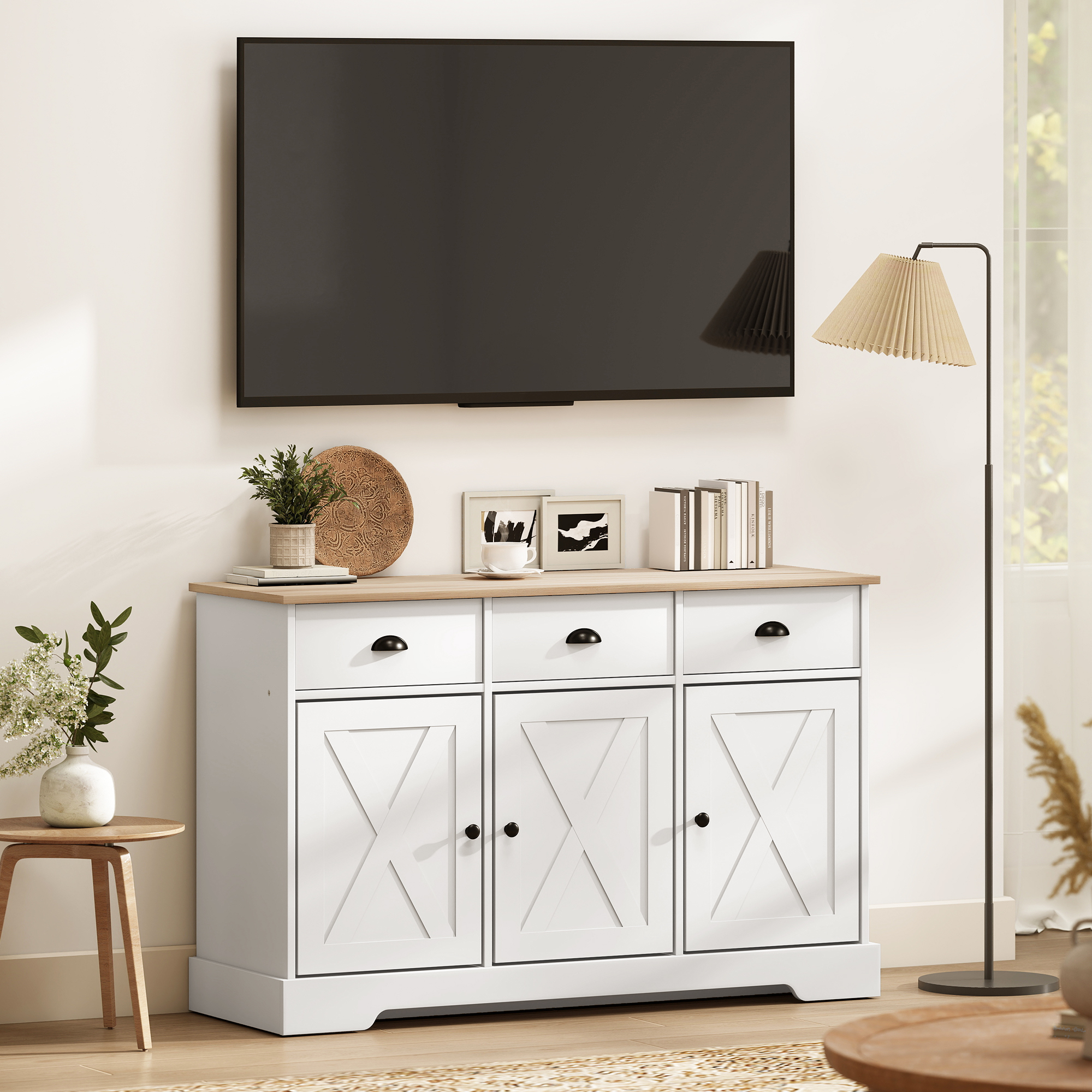 46.5" Buffet Cabinet, Farmhouse Sideboard with 3 Barn Doors and 3 Drawers for Living Room, Kitchen, White - Image 5