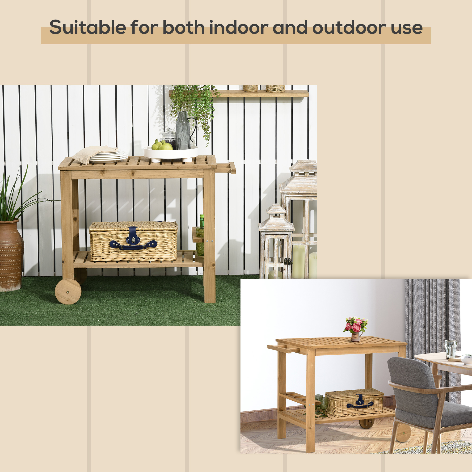Outdoor Bar Cart, Wood Rolling Home Bar & Serving Cart with 2 Shelves, Wine Bottle Holders for Garden, Dining Room, Natural - Image 5