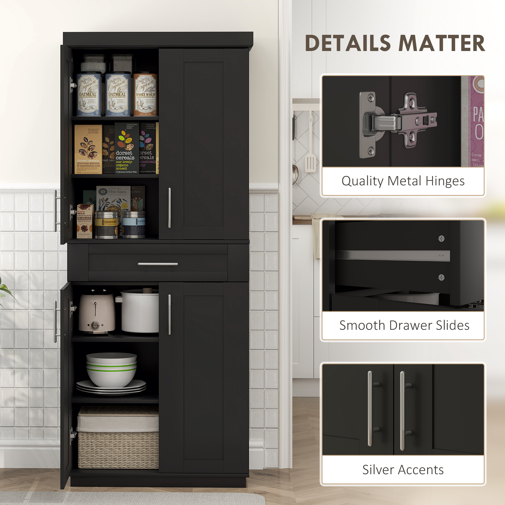 72" Storage Cabinet, Freestanding Kitchen Pantry Cabinet with 4 Doors, Drawer and 3 Adjustable Shelves, Black - Image 5