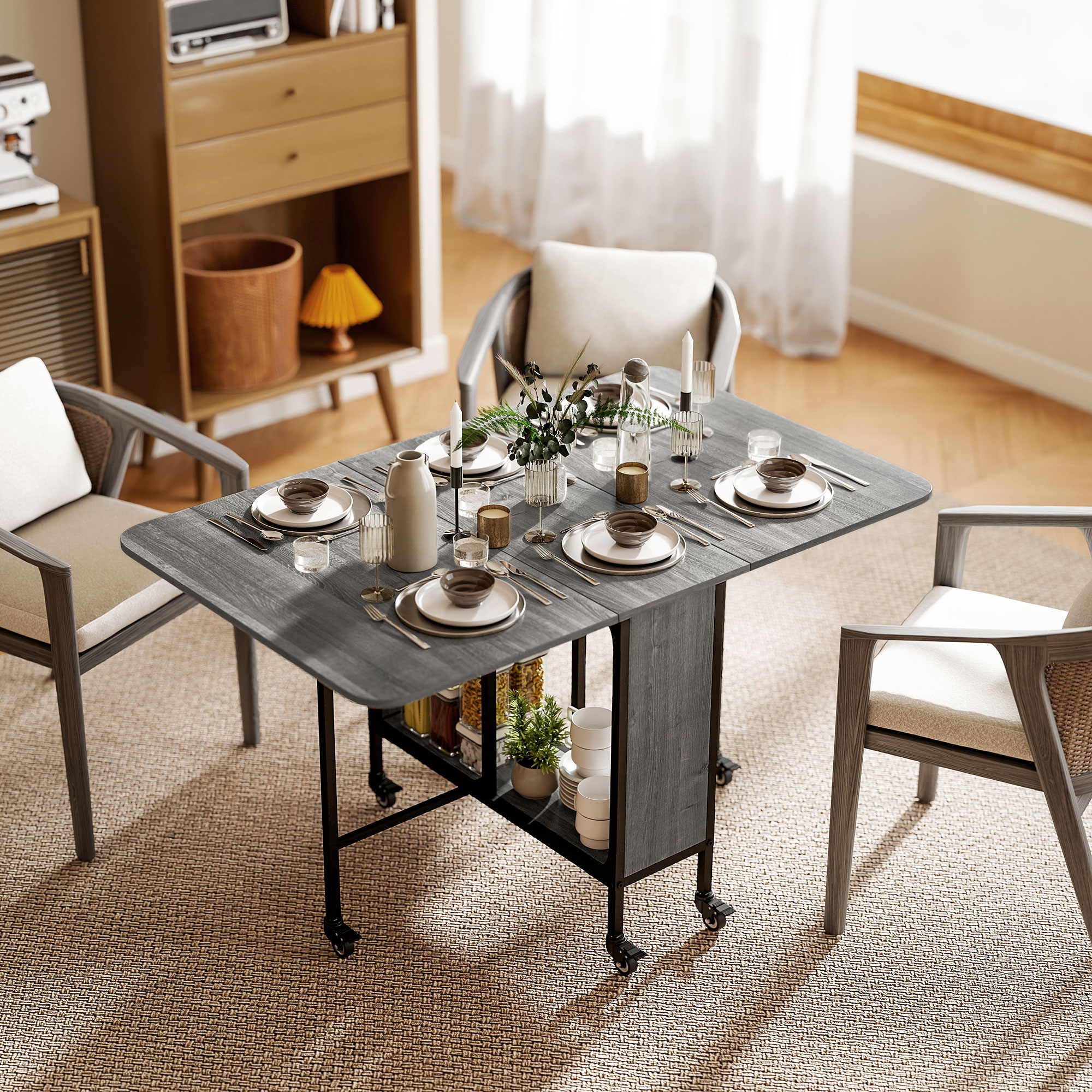 Folding Dining Table, Extendable Kitchen Table for Small Spaces with Storage Shelf and 6 Wheels, Distressed Grey - Image 6