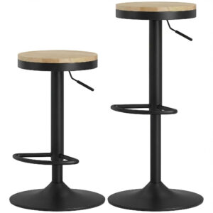 Wood Barstools Set of 2, Swivel Bar Stools with Adjustable Height for Kitchen Counter, Natural Wood and Black