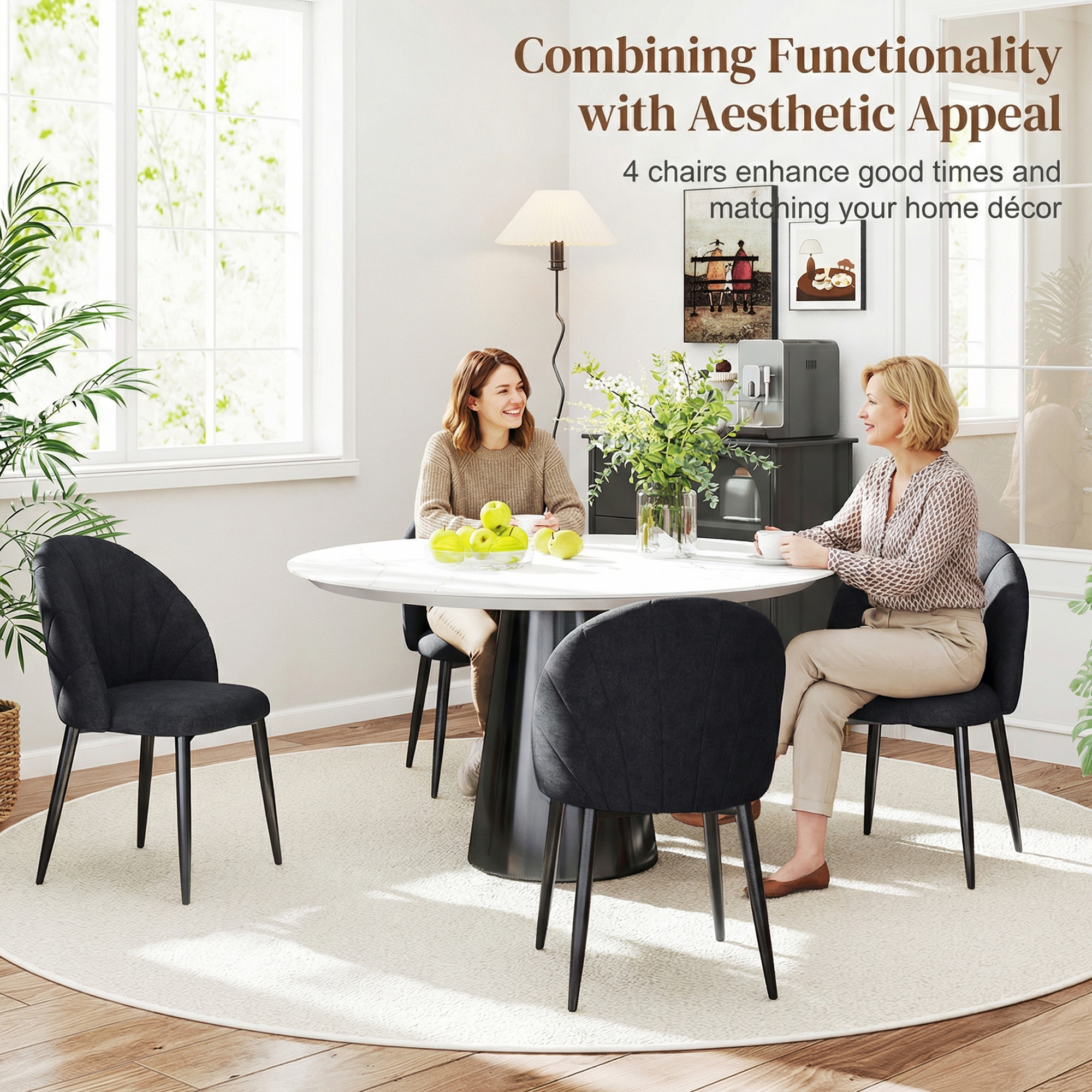Modern Dining Chairs Set of 4, Upholstered Dining Room Chairs with Metal Legs, Shell Backrest, Padded Seat, Black - Image 2