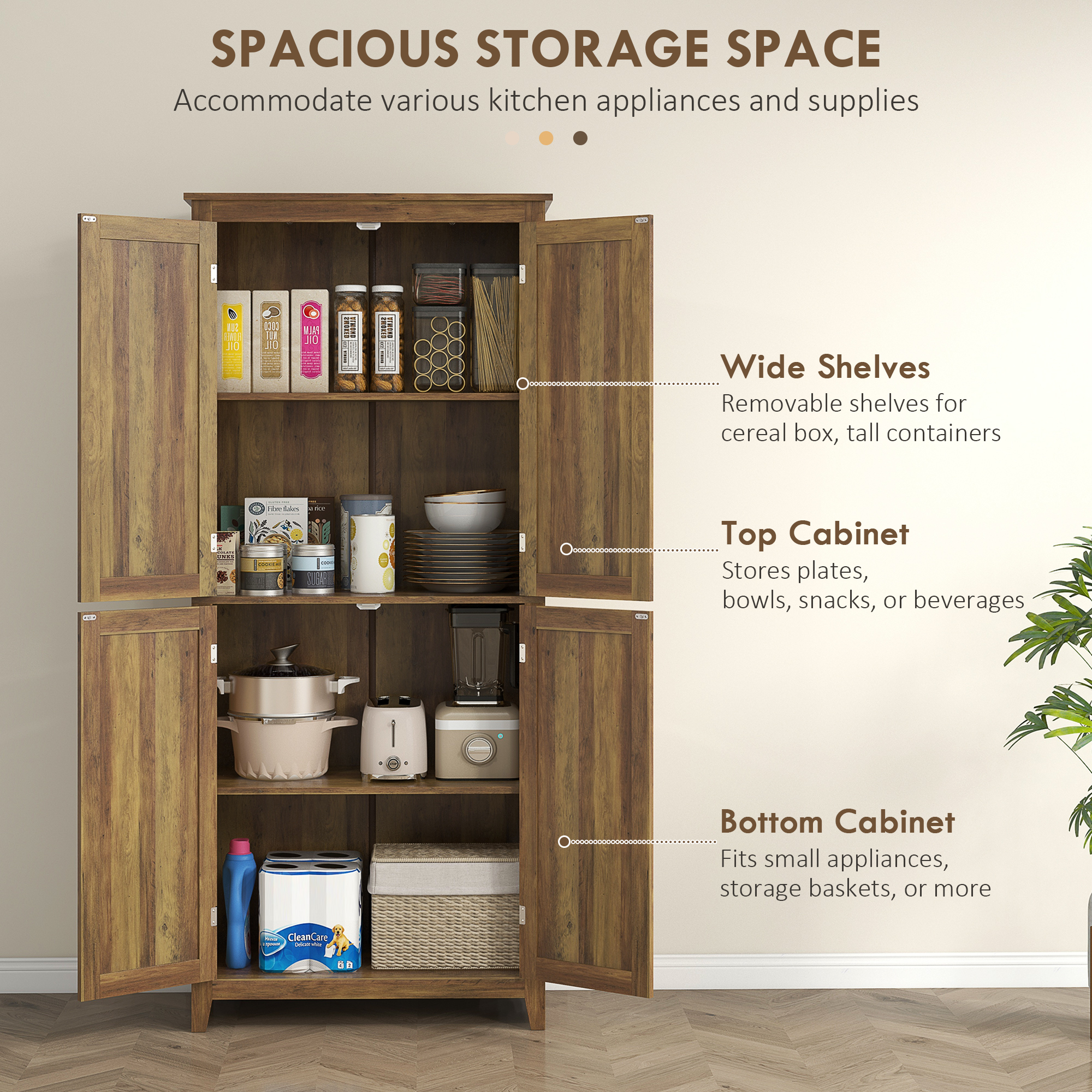 72" Freestanding Storage Cabinet, Kitchen Pantry Cabinet with Doors and Shelves for Dining Room, Brown - Image 2