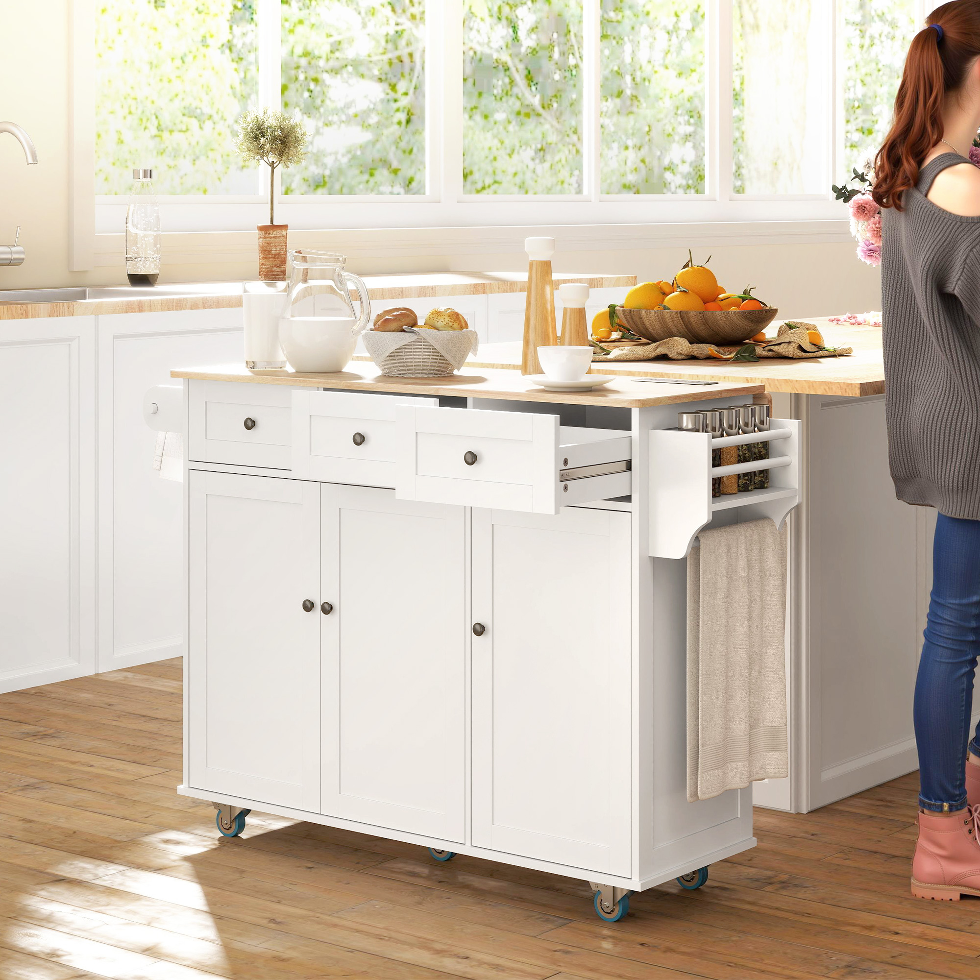 Kitchen Island on Wheels with Drop Leaf, Charging Station, Rolling Kitchen Cart with Wood Top, Adjustable Shelf, White - Image 6