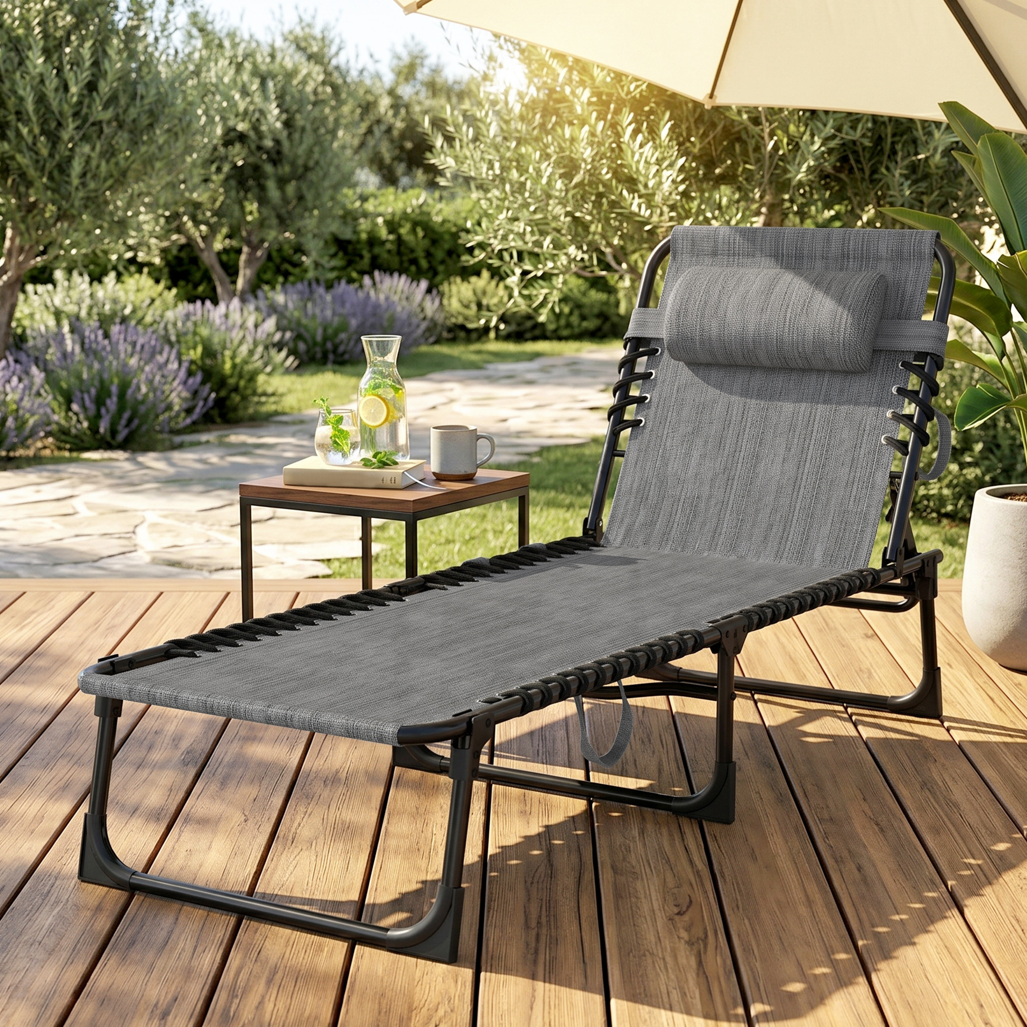Outdoor Folding Chaise Lounge, Reclining Lounge Chair with Adjustable Backrest and Removable Pillow, Mixed Grey - Image 6