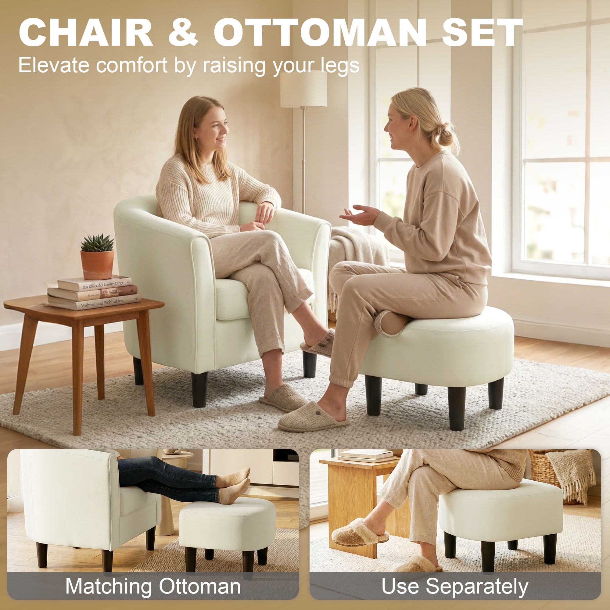 Accent Chair Modern Upholstered Living Room Chair with Ottoman and Pocket Spring Cushion Cream White - Image 2