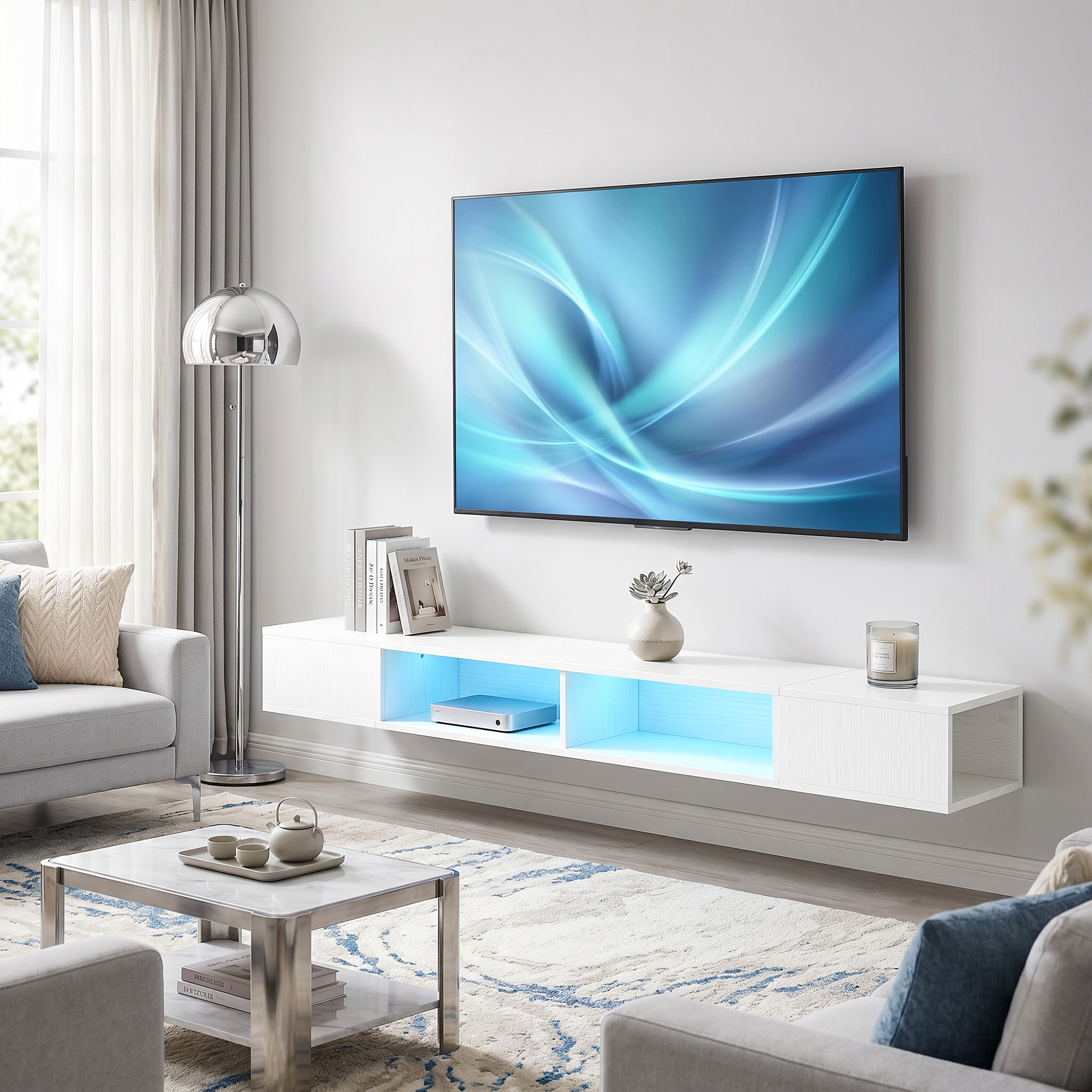 TV Stand with RGB LED Lights, Entertainment Center with Open Shelves for 75 Inch TV, White - Image 6