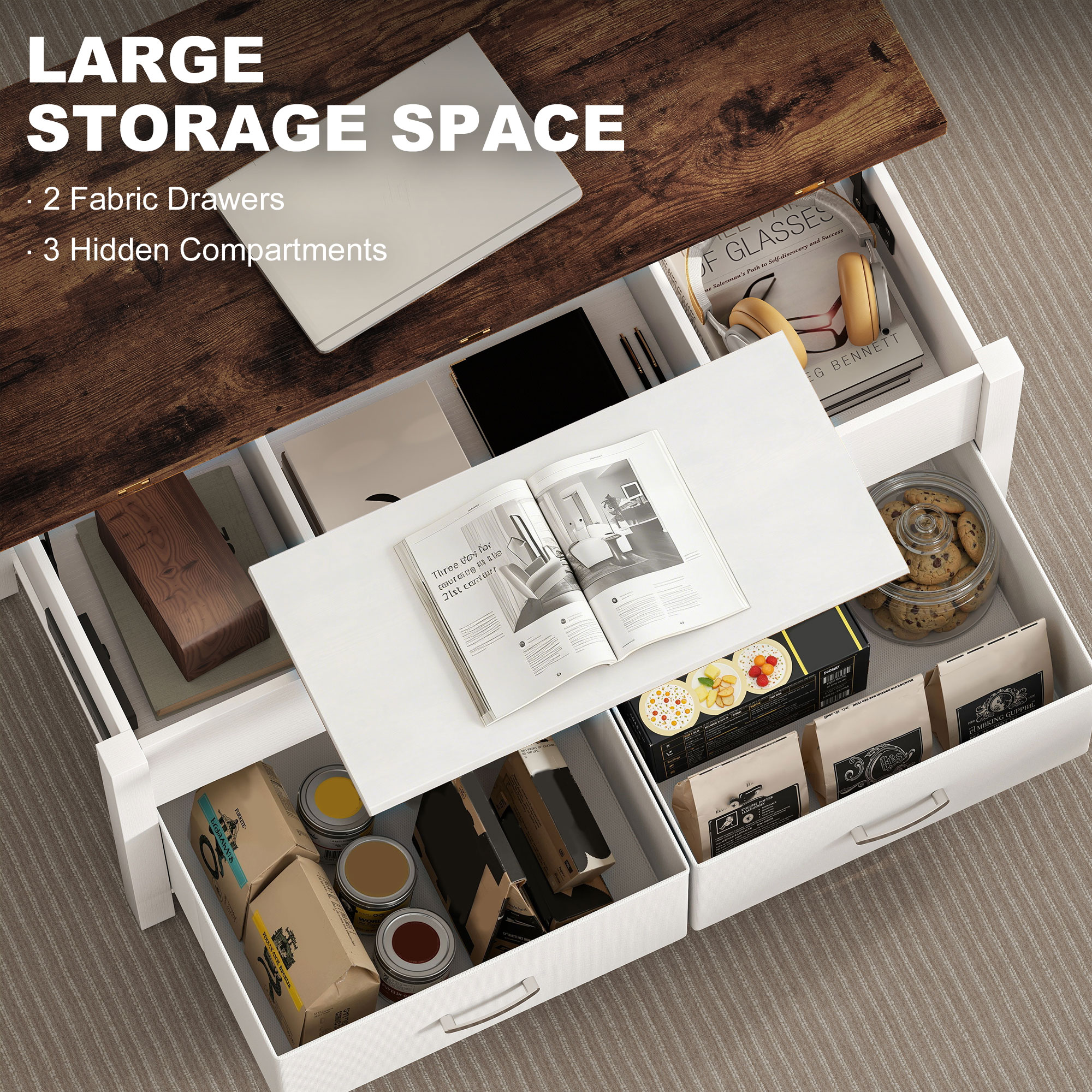 Lift Top Coffee Table, Center Table with 3 Hidden Compartments, 2 Fabric Drawers, Expandable Top and Charging Station - Image 5