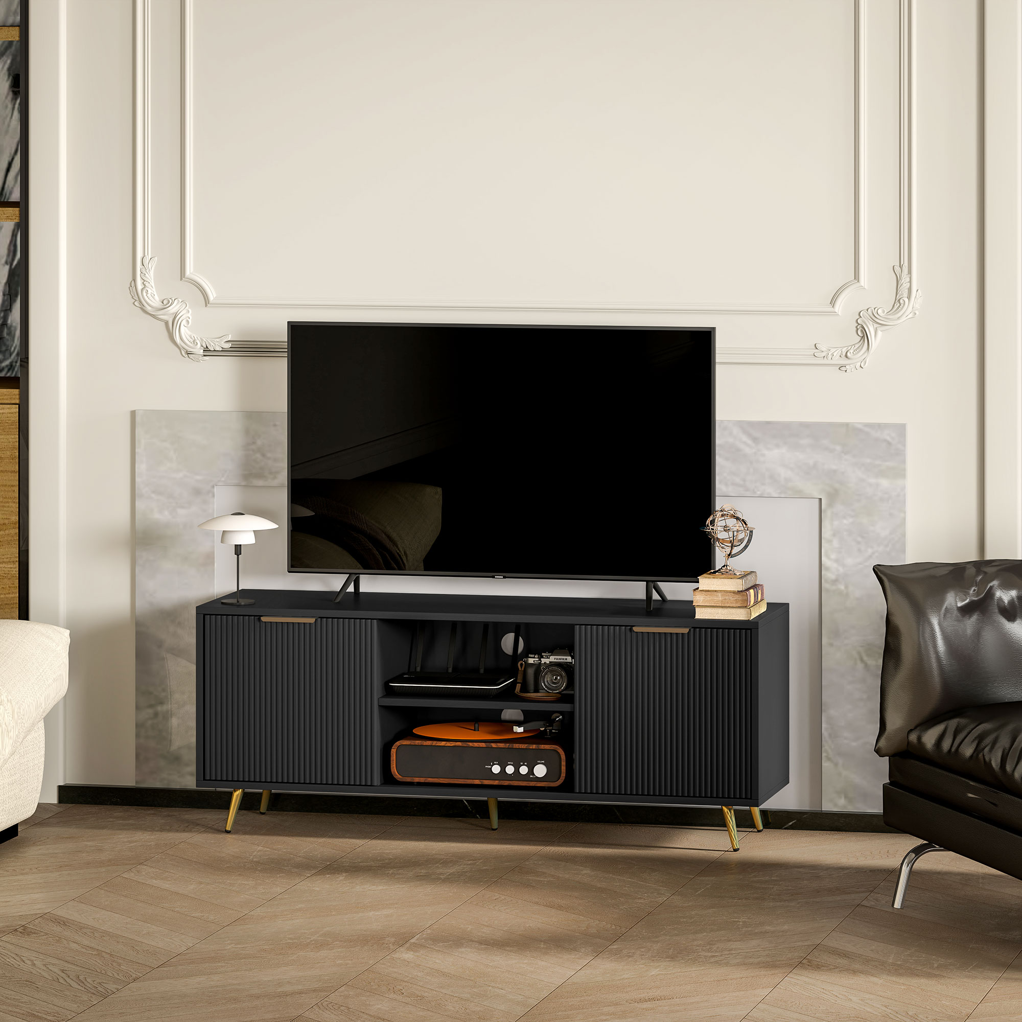 TV Stand with Storage for 55 Inch TV, Modern TV Cabinet with 2 Open Shelves and 2 Cabinets for Living Room, Black - Image 5