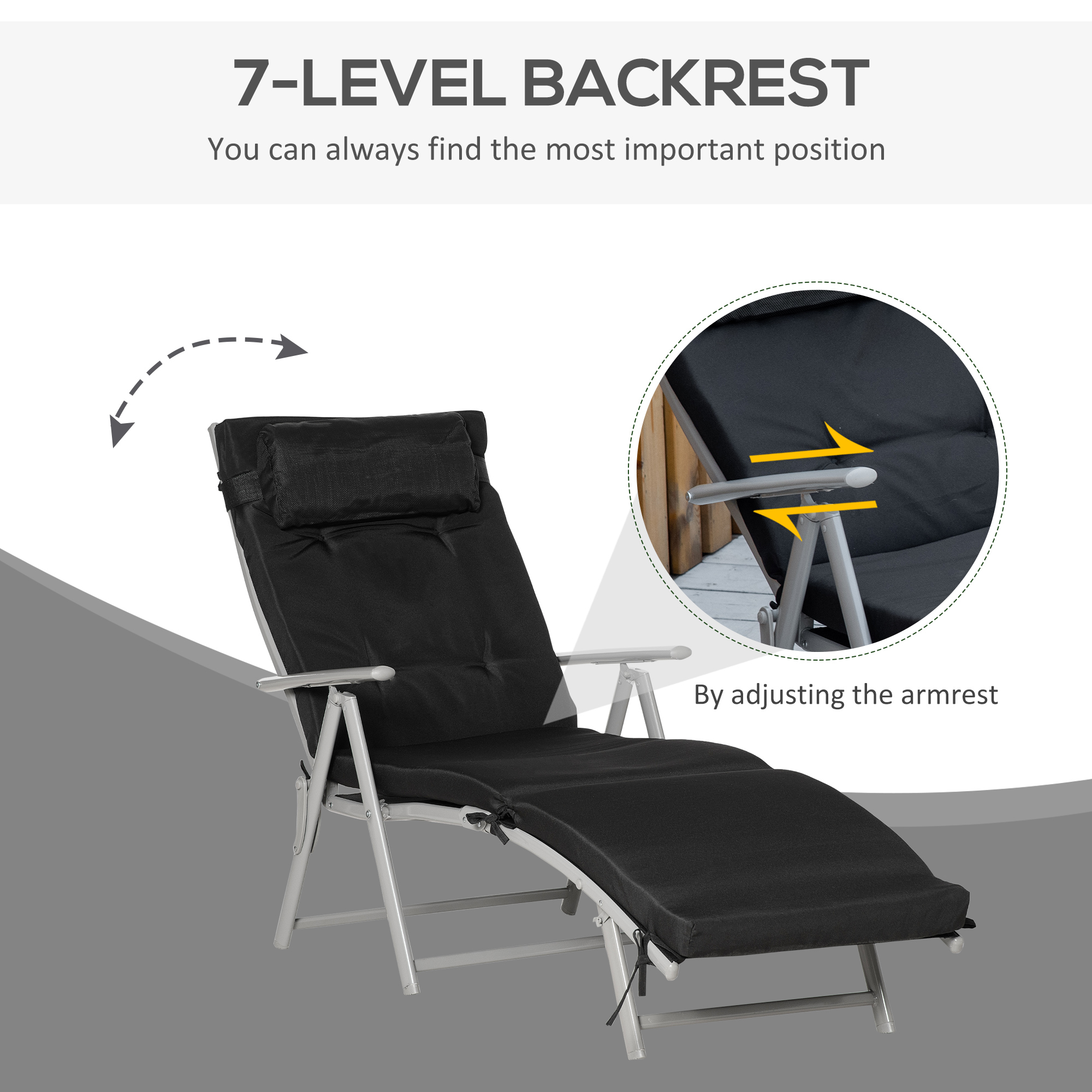 Outdoor Folding Chaise Lounge Chair Recliner with Portable Design, Adjustable Backrest, Cushion and Headrest, Black - Image 2