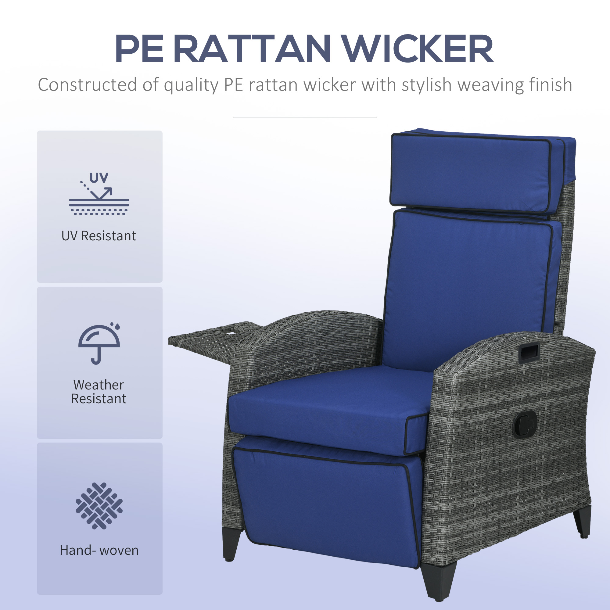 Outdoor Recliner Chair with Adjustable Backrest, Cushion, Side Tray, Dark Blue - Image 3