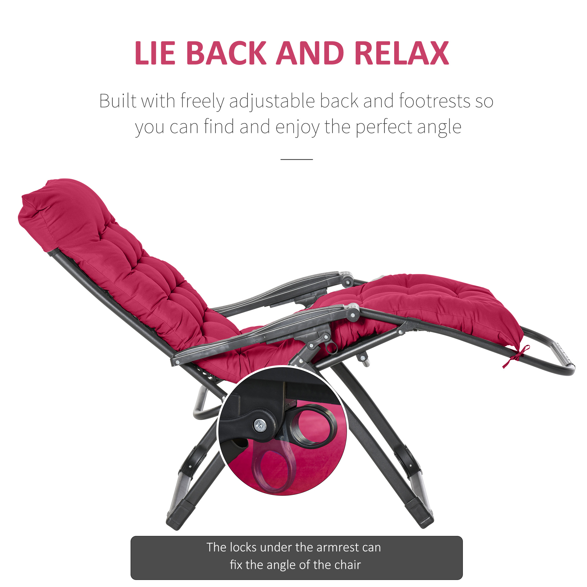 Reclining Zero Gravity Chair with Adjustable Backrest, Folding Garden Sun Lounger, Outdoor Recliner with Removable Cushion and Headrest, Wine Red - Image 4