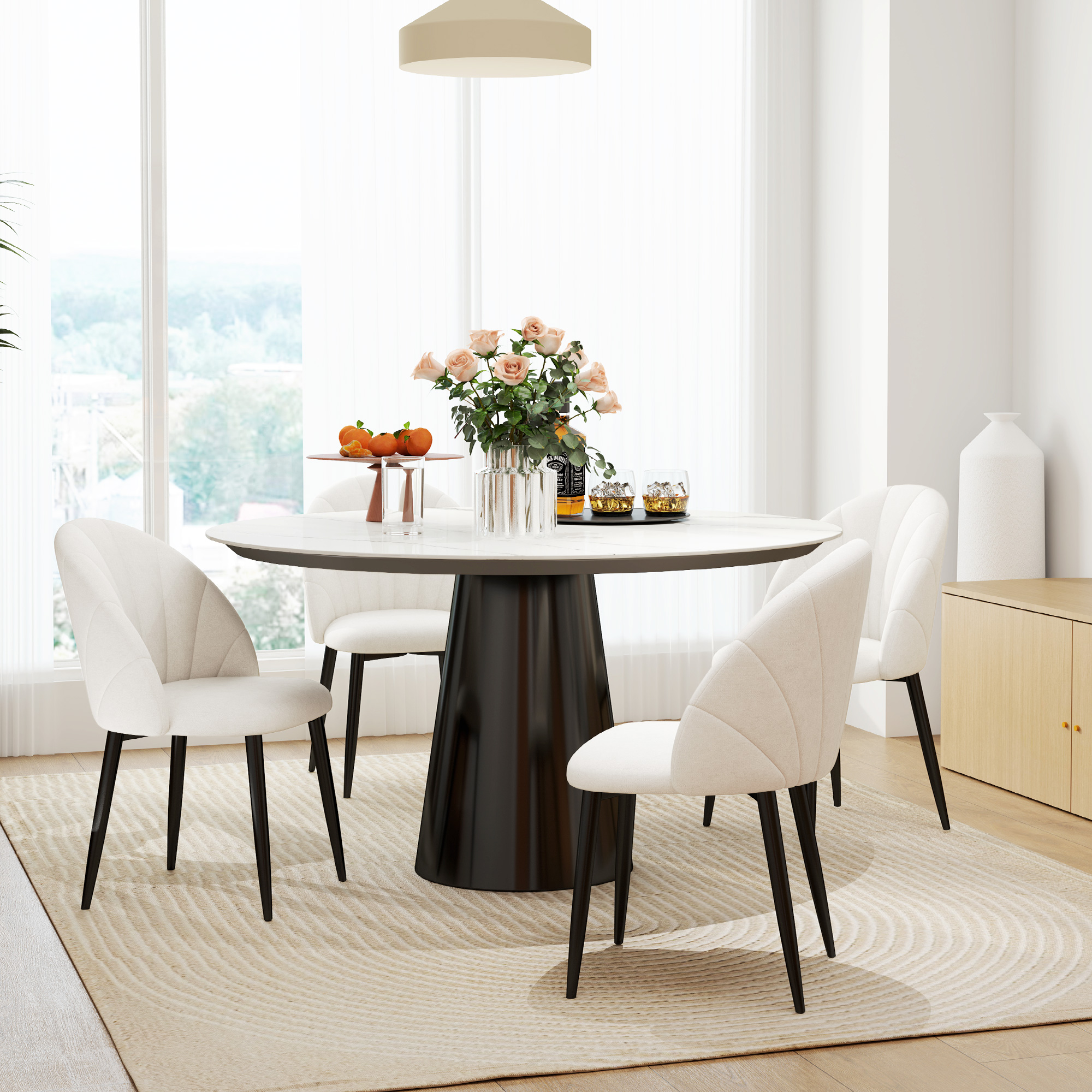 Modern Dining Chairs Set of 4, Upholstered Dining Room Chairs with Metal Legs, Shell Backrest, Padded Seat, Cream White - Image 6