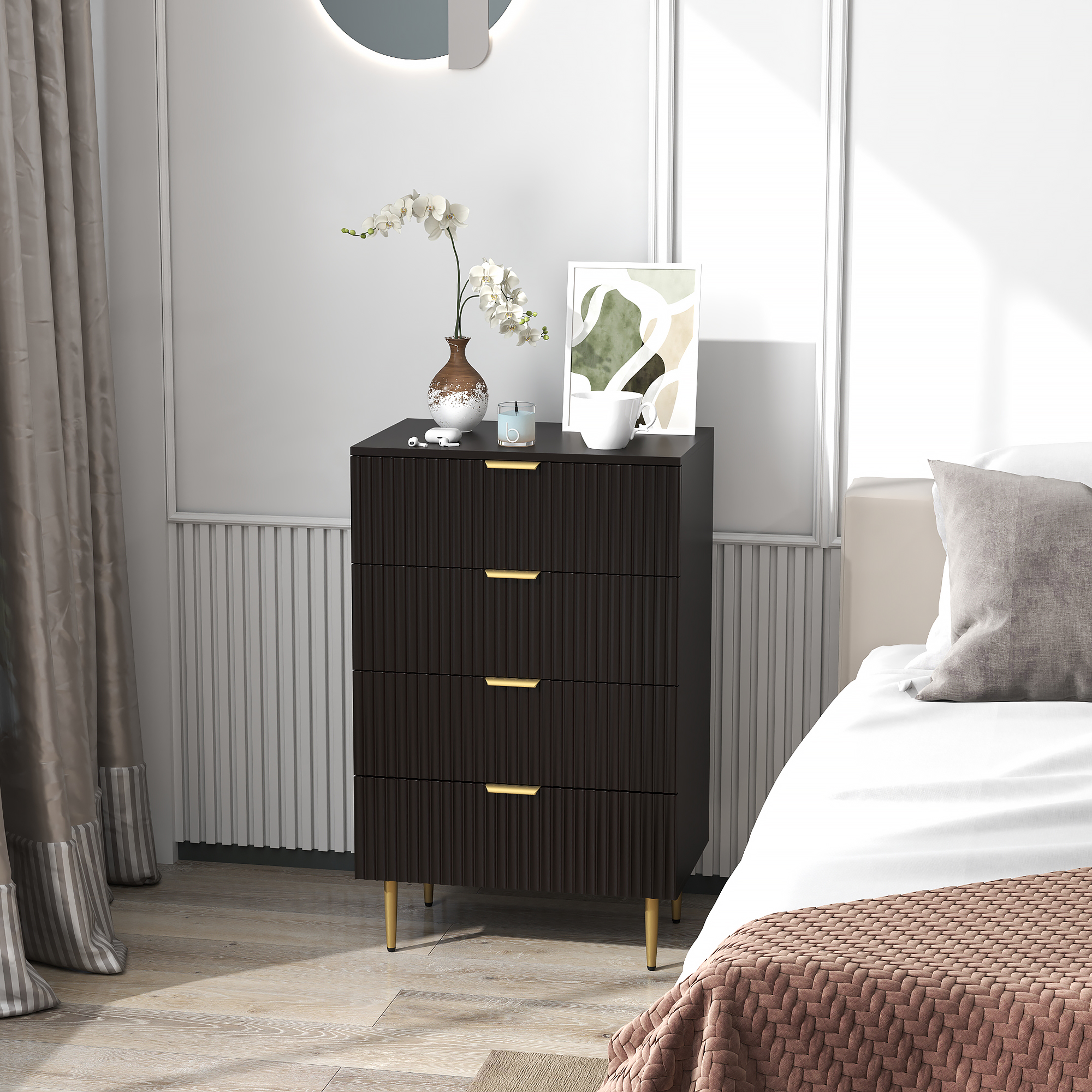 Modern Chest of Drawers 4 Drawer Dresser for Bedroom with Gold Legs and Handles, Black - Image 5