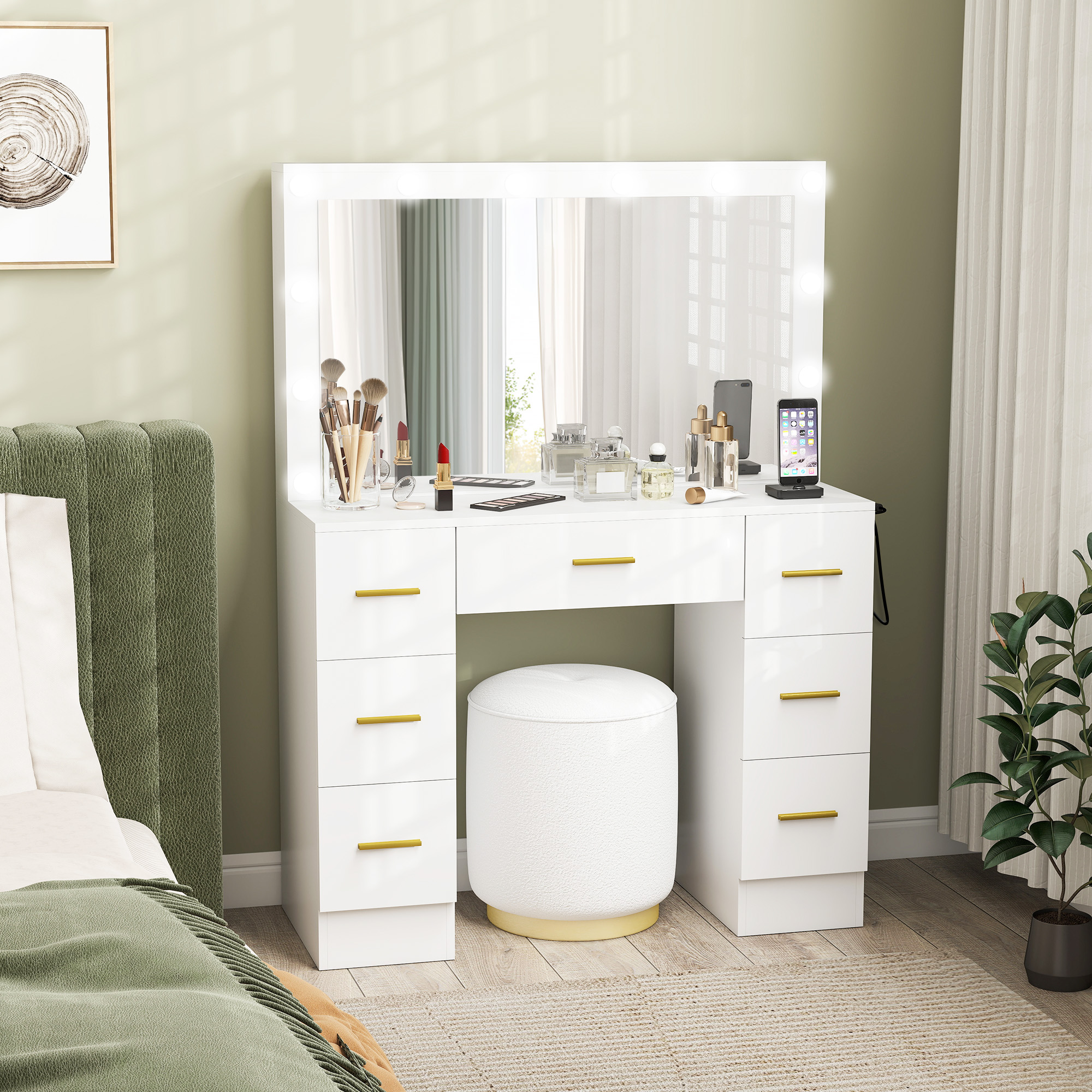 Makeup Vanity Desk with Mirror and Lights, Dressing Table with 7 Drawers, 6 Hidden Sliding Storage Compartments, White - Image 6