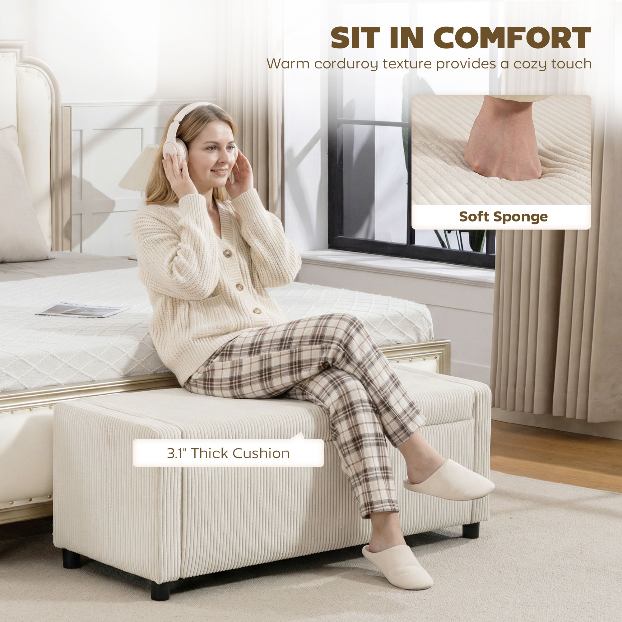 Storage Ottoman, Upholstered Corduroy End of Bed Bench with Thick Padding, Storage Bench for Bedroom, Beige - Image 3