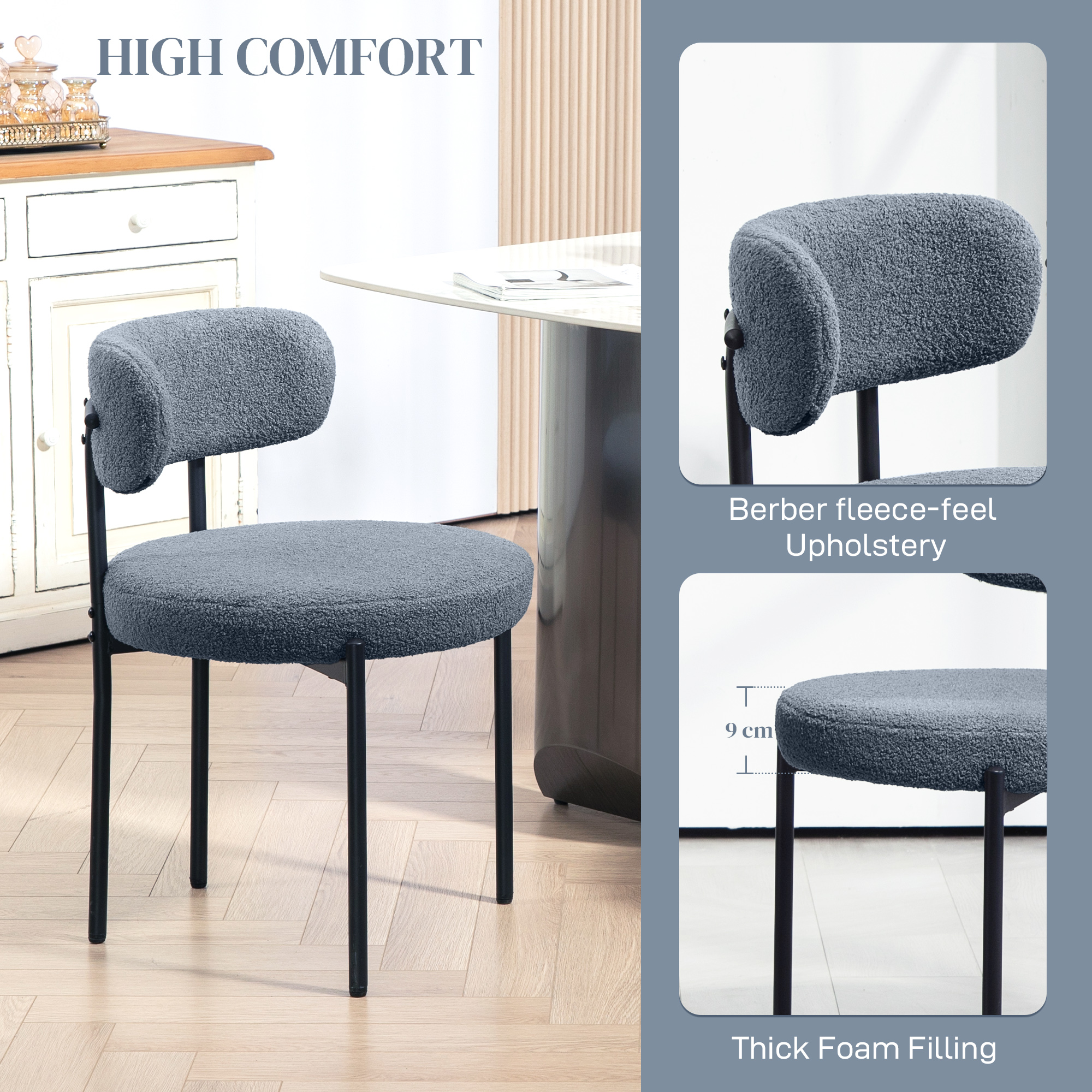 4 Pieces Kitchen Chairs, Modern Dining Chairs w/ Berber Fleece Upholstery and Steel Legs for Living Room, Grey - Image 3