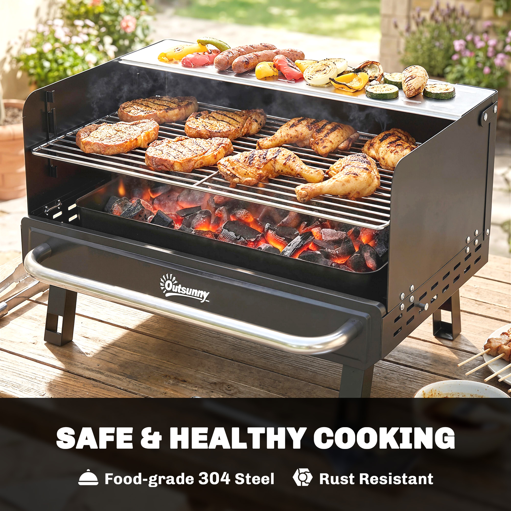 Charcoal BBQ Grill, Portable Barbecue Grill with Adjustable Grates, Foldable Legs, Side Shelf for Camping Travel, Black - Image 4
