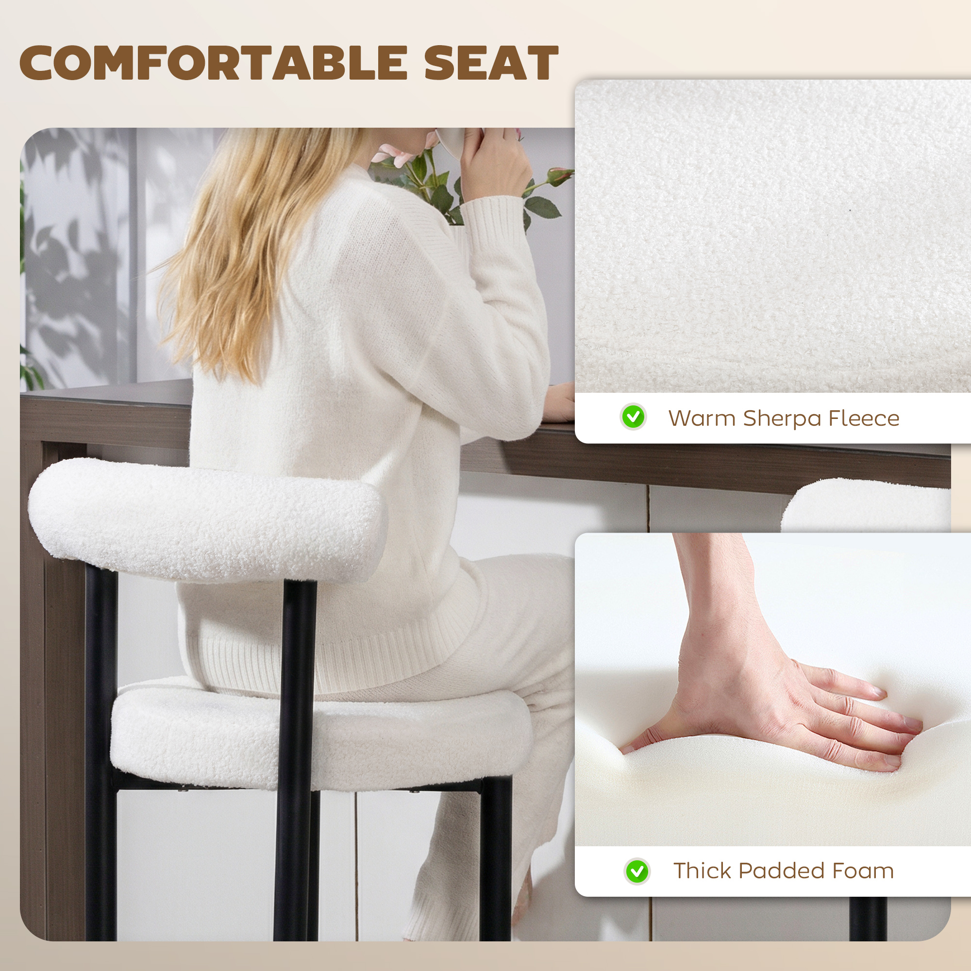 Bar Stools Set of 2, Sherpa Upholstered Barstools with Backrest, Bar Height Stools with Footrest for Kitchen Island - Image 4