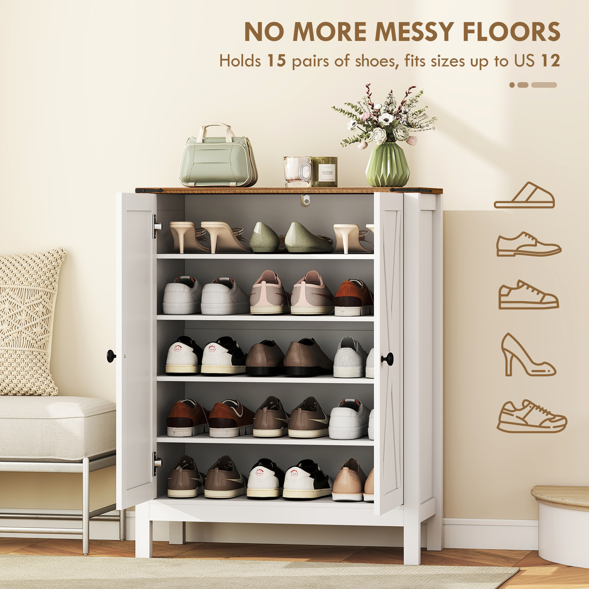 Shoe Cabinet with Barn Doors, Farmhouse Shoe Storage Cabinet with Adjustable Shelves, Holds up to 15 Pairs, White - Image 3