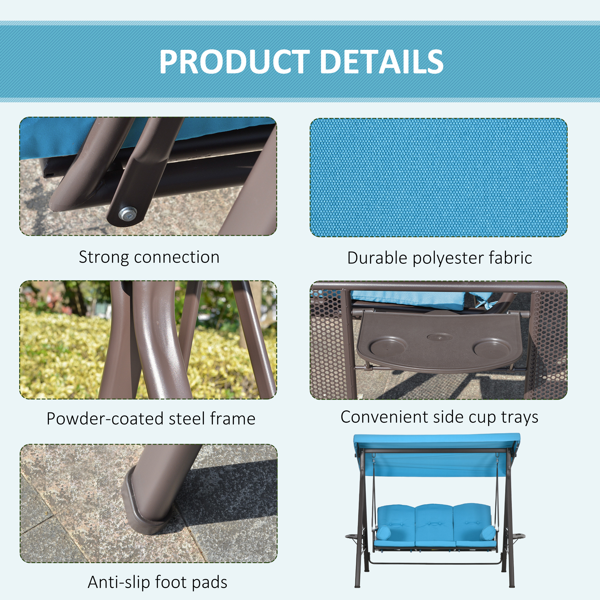 Outdoor Patio 3-Person Steel Canopy Cushioned Seat Bench Swing with Included Side Trays & Padded Comfort, Light Blue - Image 3