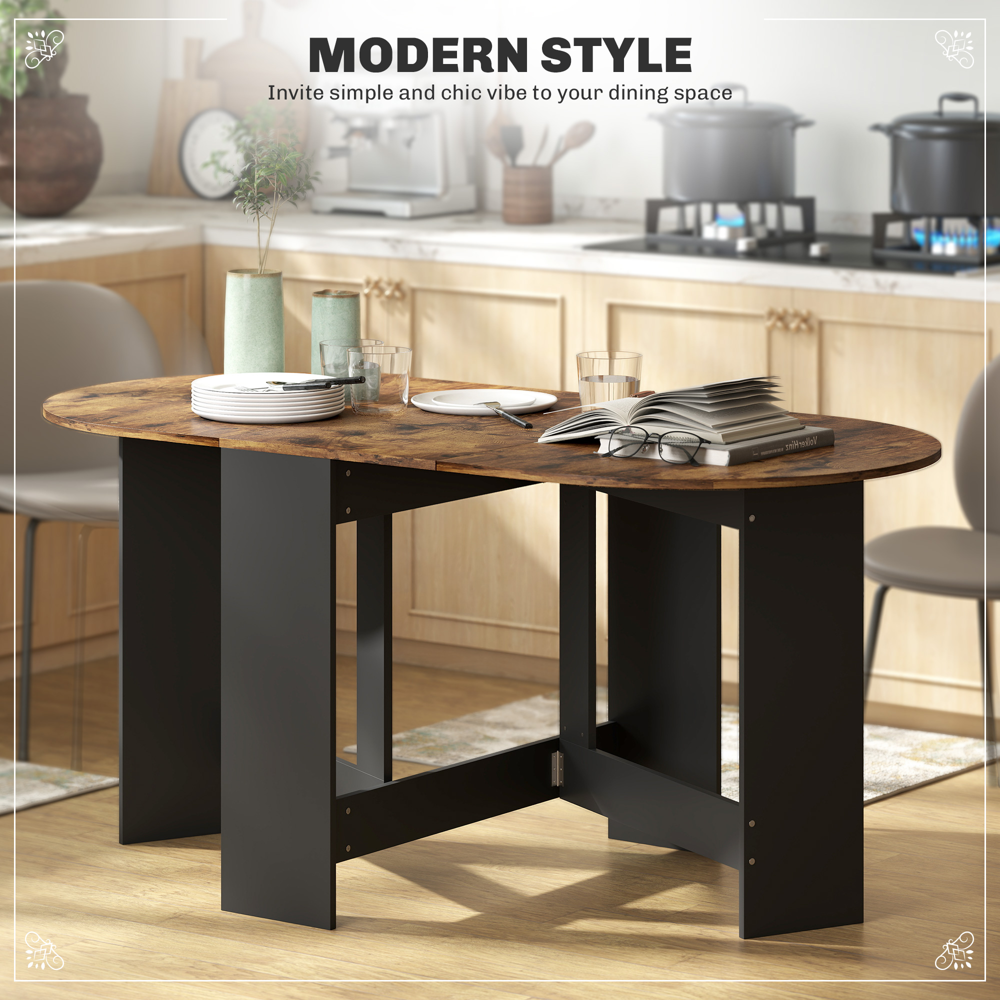Oval Folding Dining Table, Space Saving Drop Leaf Kitchen Table for Dining Room, Living Room, Rustic Brown - Image 3