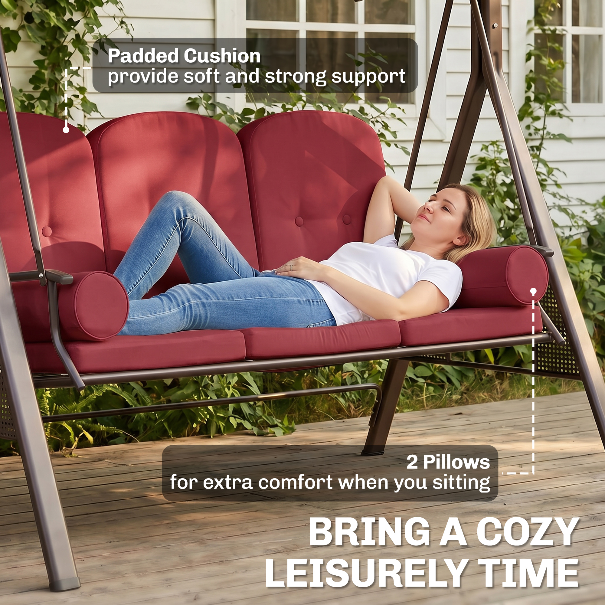 Outdoor Patio 3-Person Steel Canopy Cushioned Seat Bench Swing with Included Side Trays & Padded Comfort, Wine Red - Image 4