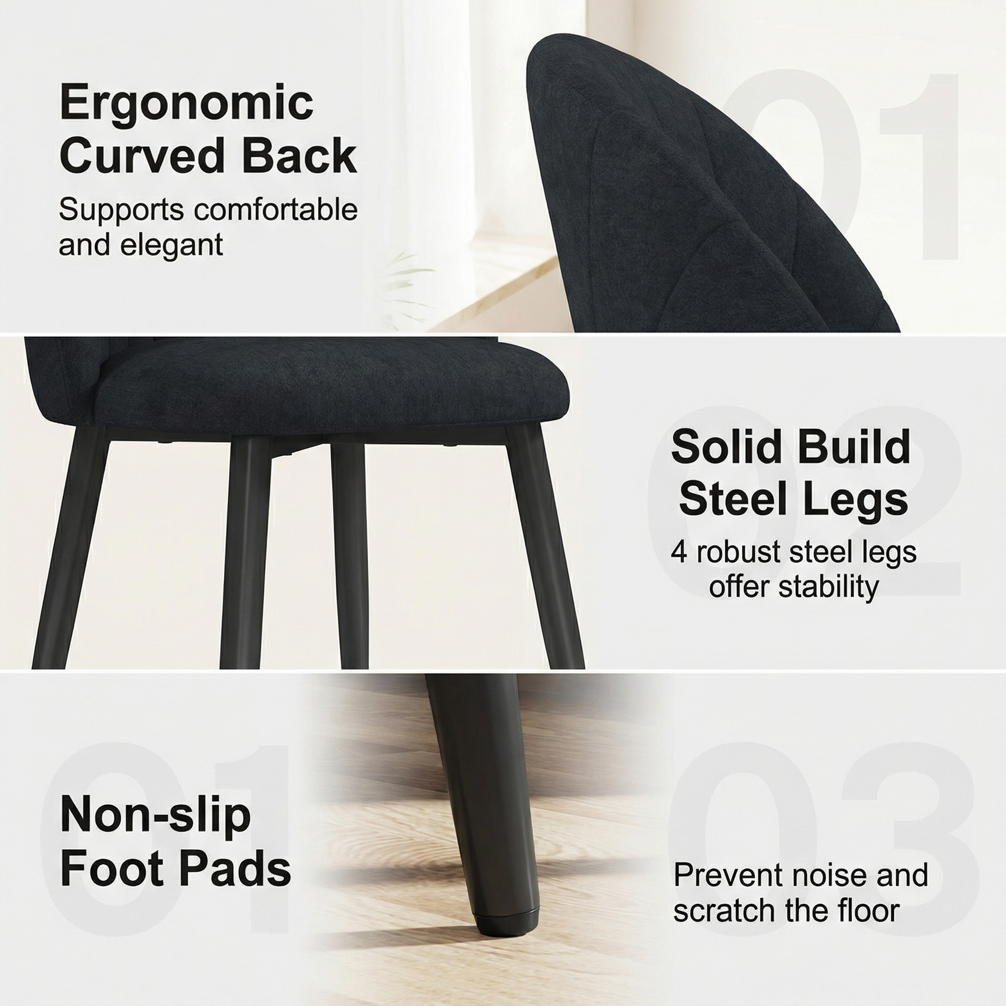 Modern Dining Chairs Set of 4, Upholstered Dining Room Chairs with Metal Legs, Shell Backrest, Padded Seat, Black - Image 3