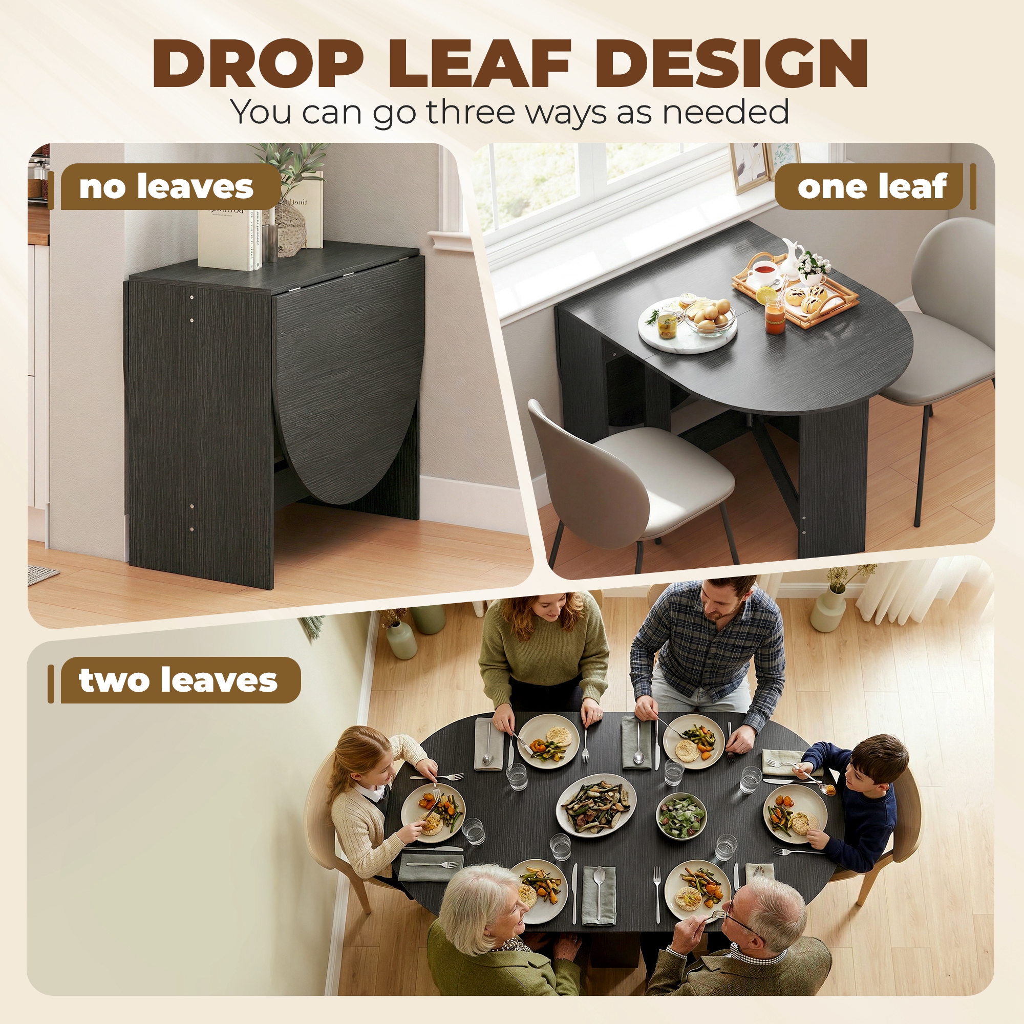 Oval Folding Dining Table, Space Saving Drop Leaf Kitchen Table for Dining Room, Living Room, Black - Image 2