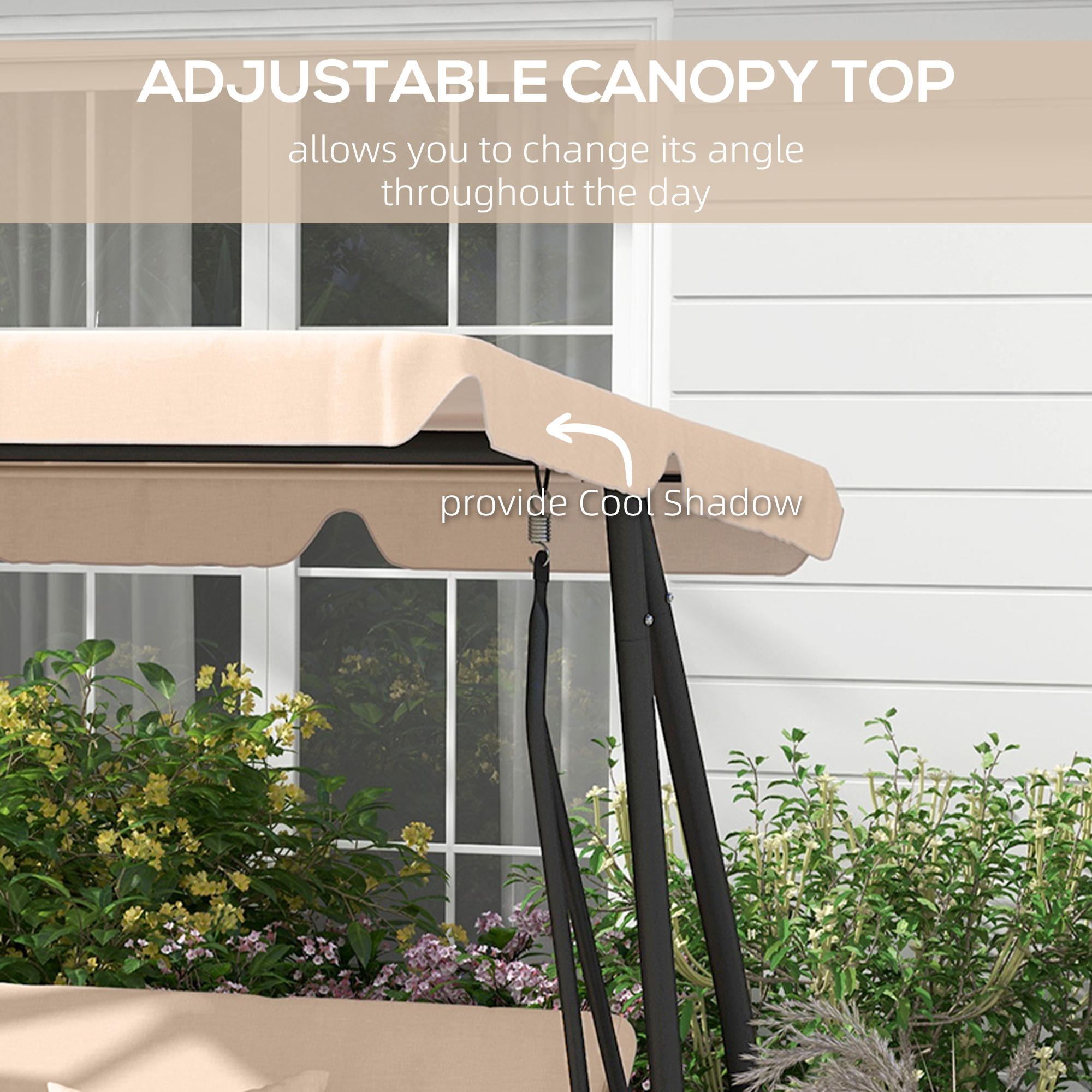 3-Seat Outdoor Patio Swing Chair, 2-in-1 Convertible Flat Bed, Canopy Swing with Adjustable Shade, Removable Cushions, Cup Holder, Light Brown - Image 3