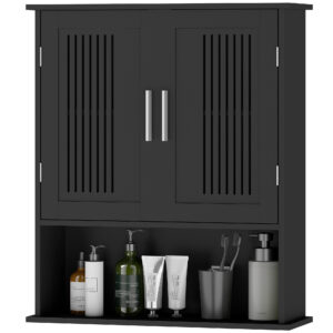 Modern Wall Mount Bathroom Cabinet, Storage Organizer with 2 Door Cabinet and Shelf, Black