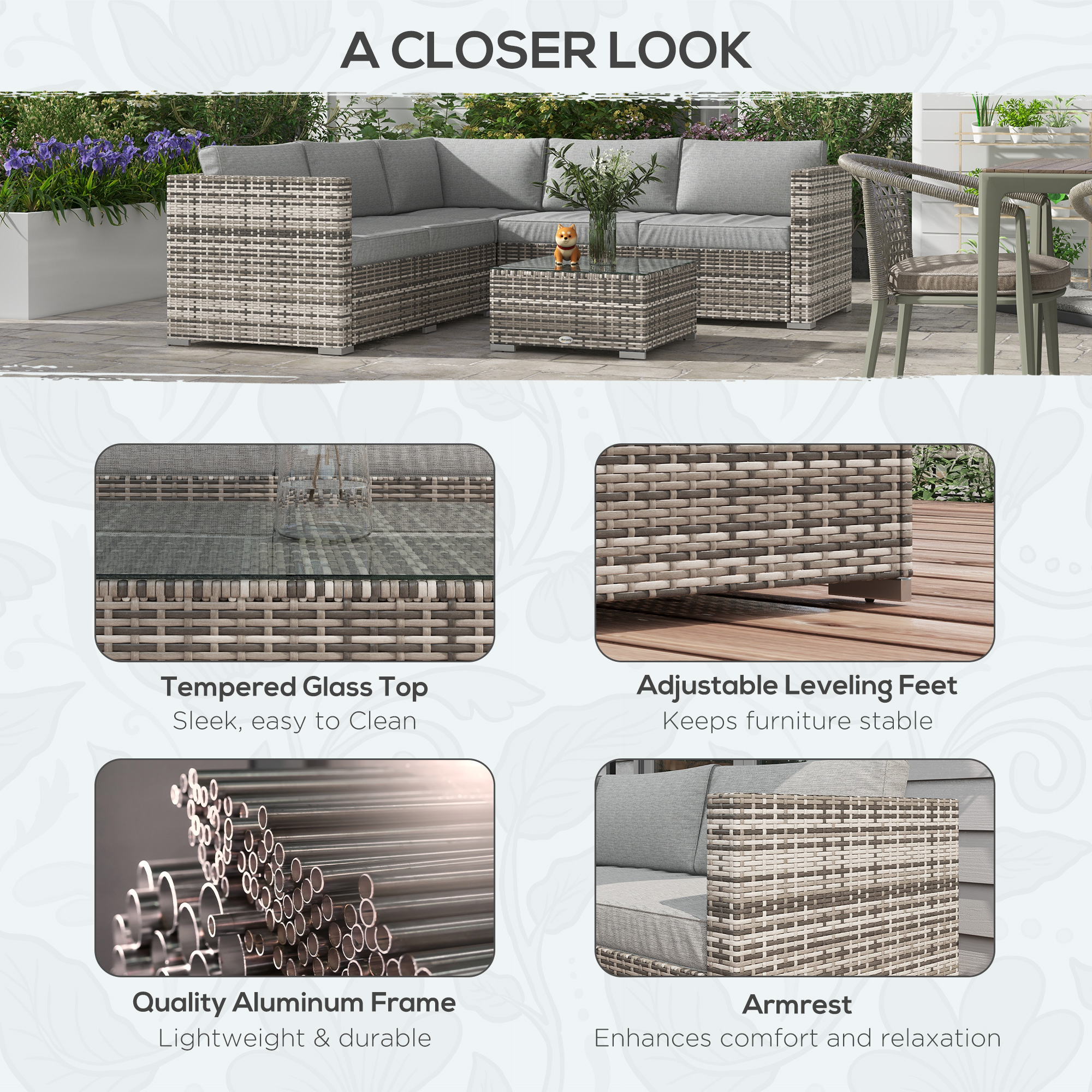 4 Pieces Rattan Wicker Outdoor Conversation Furniture Set w/ Corner Sofa Loveseats Coffee Table Cushions, Mixed Grey - Image 4