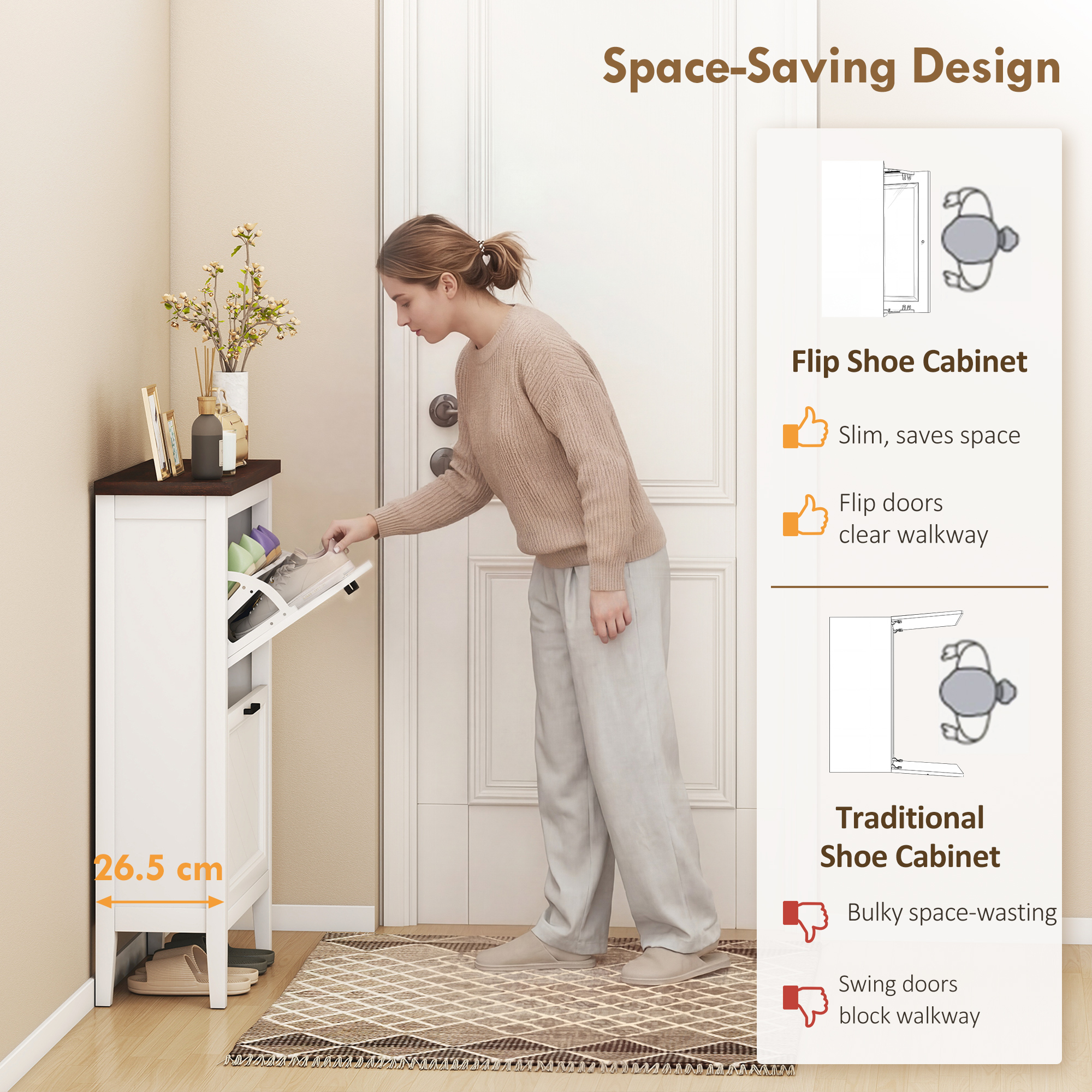 Shoe Cabinet with 2 Flip Drawers, Farmhouse Narrow Shoe Storage Cabinet with Adjustable Shelves, White - Image 2