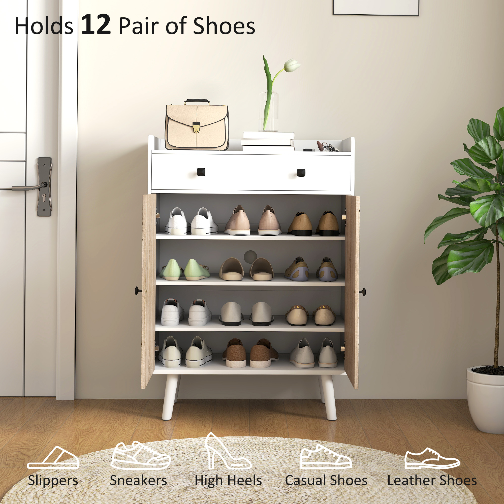 Shoe Cabinet for Entryway, Modern Shoe Storage Cabinet with Adjustable Shelves and Drawer for 12 Pairs, White - Image 2