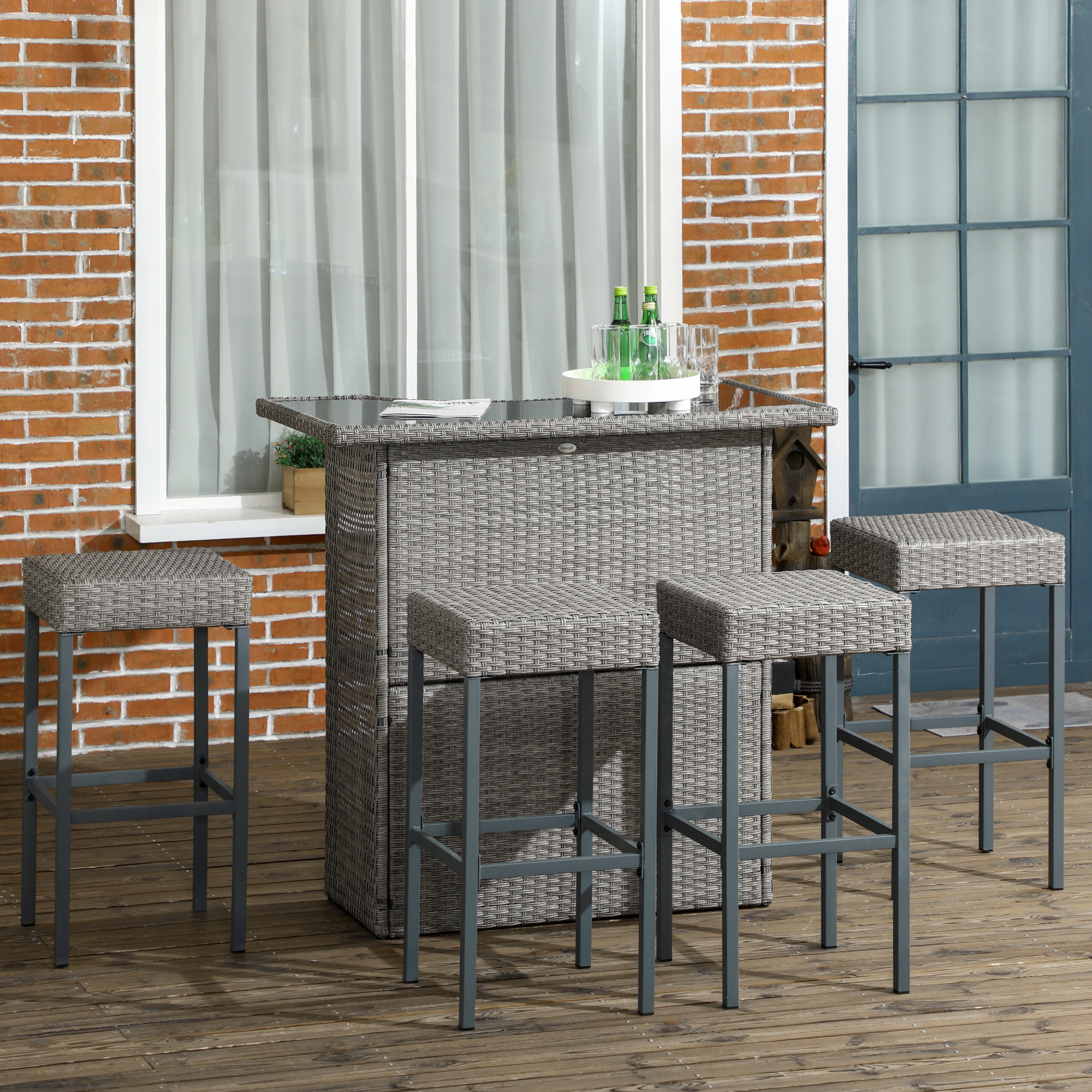 5 Pieces Patio Bar Set, Outdoor PE Rattan Wicker High Top Outdoor Table and Chairs Outdoor Bar Set with Tempered Glass Top Bar Table and Shelves, 4 Bar Chairs, Grey - Image 6