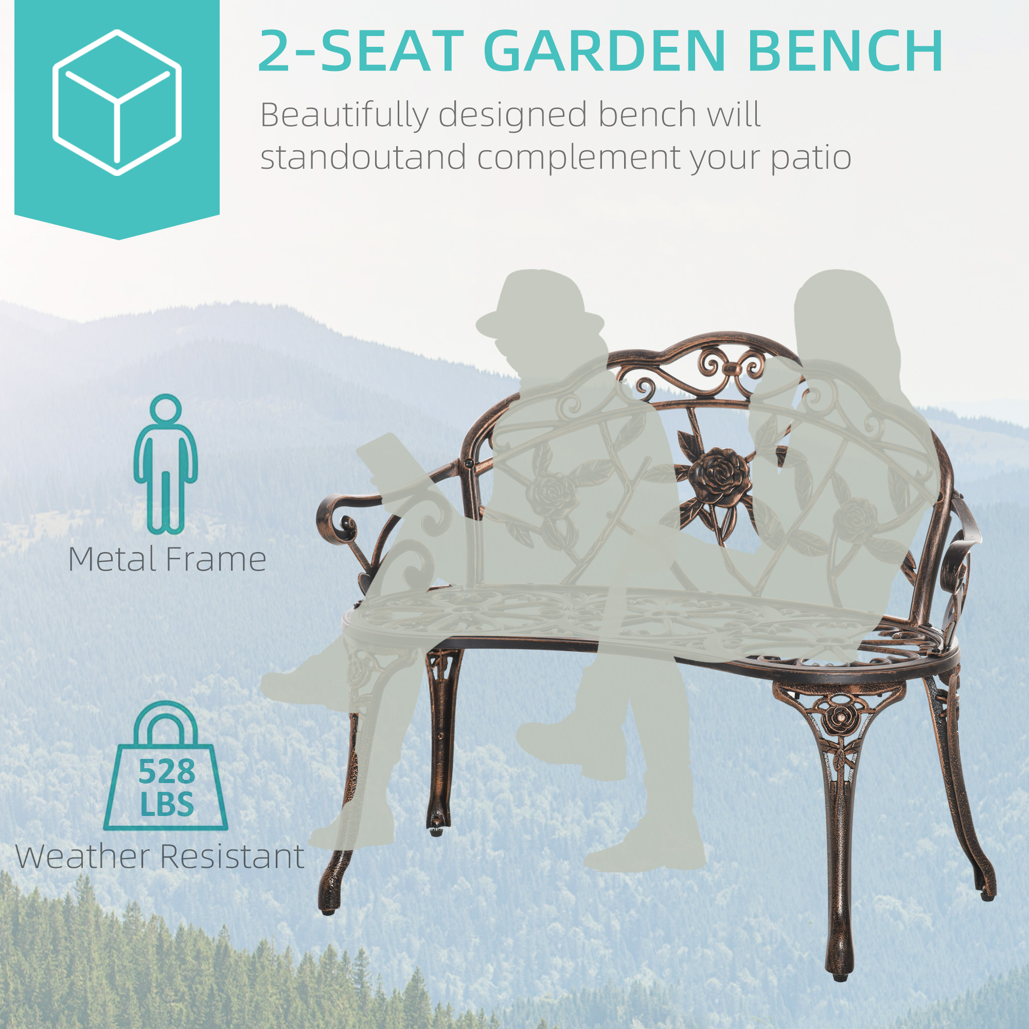 40" Outdoor Garden Bench, Cast Aluminum Antique Rose Style Patio Garden Park Loveseat Bench for Backyard, Porch, Balcony, Lawn, Bronze - Image 4