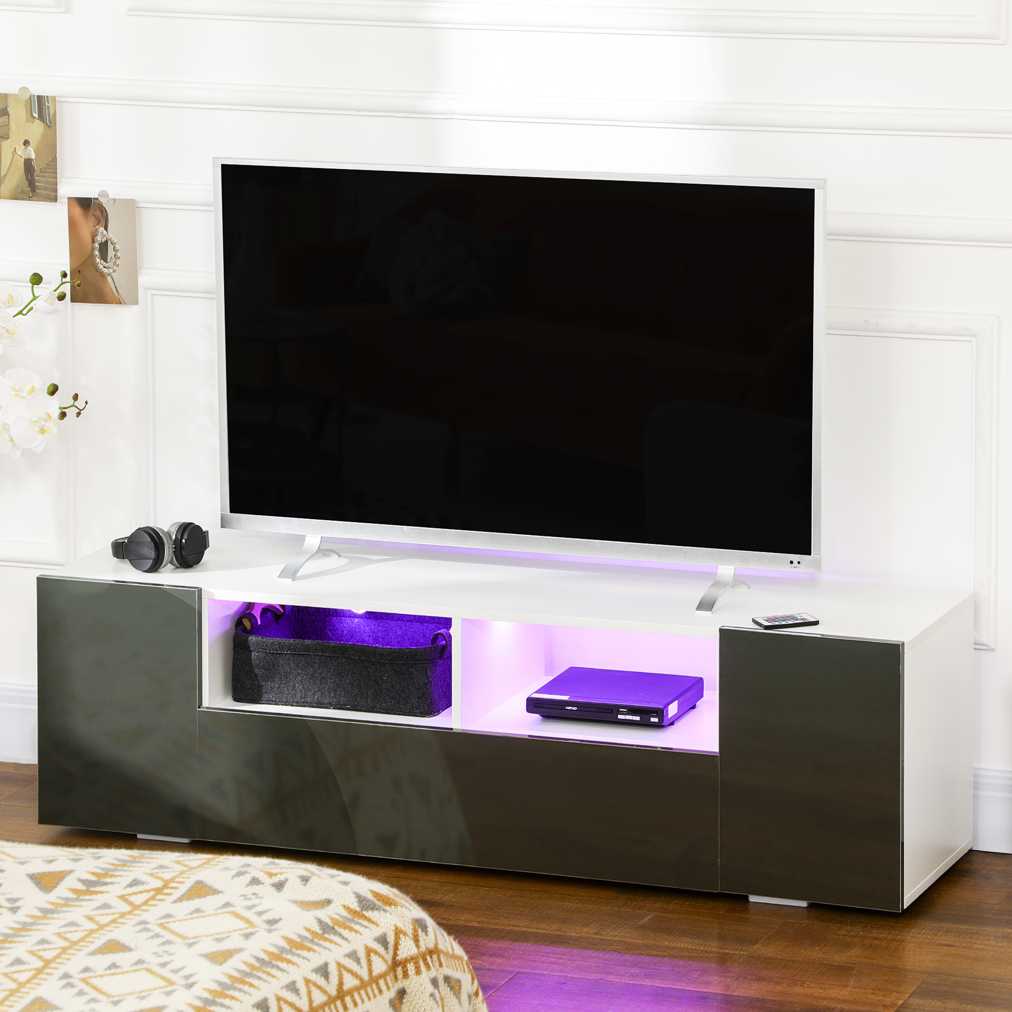 TV Stand for TVs up to 60", TV Unit with LED Lights, Storage Shelves and Cupboards, 53.9" x 13.8" x 16.5", Grey - Image 6