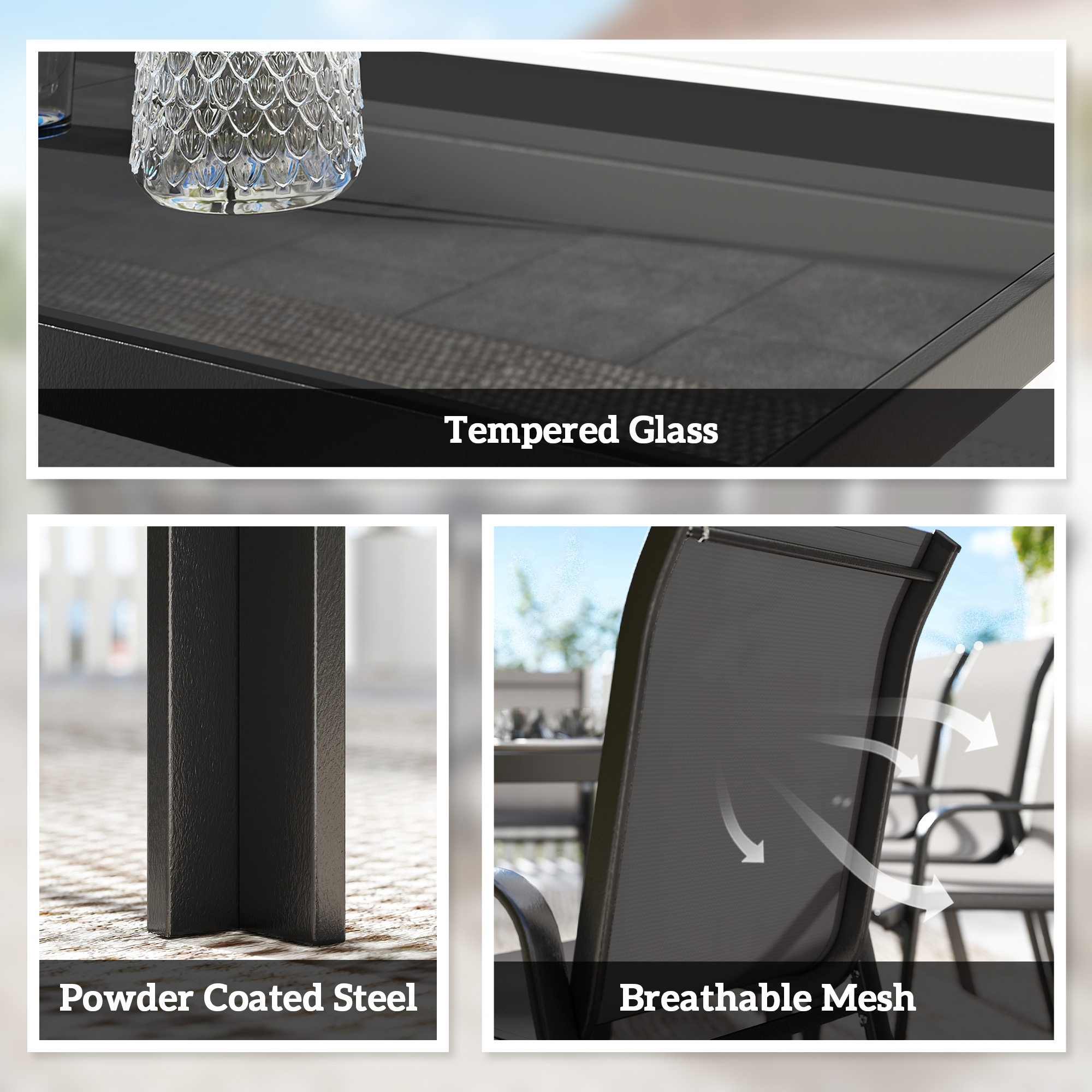 9 Pieces Patio Set with Stackable Chairs, Patio Dining Set with Glass Top for Garden, Patio, Backyard, Black - Image 3