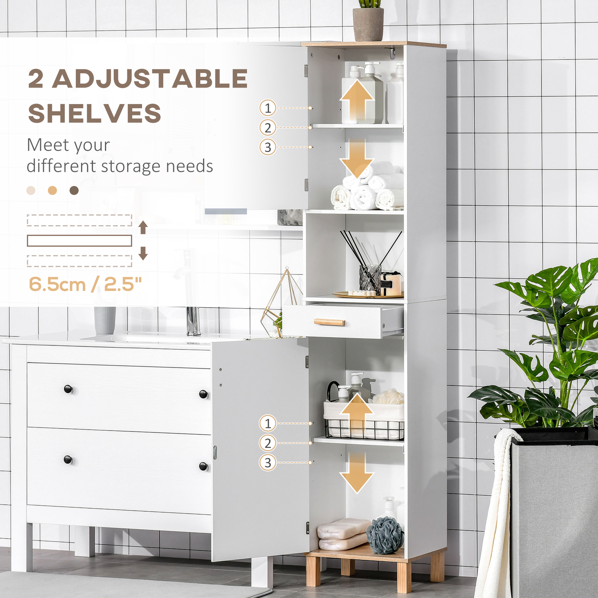 Bathroom Storage Cabinet with Cupboards and Drawer, Floor Free Standing Linen Tower, Tall Slim Side Organizer Shelves, White - Image 2