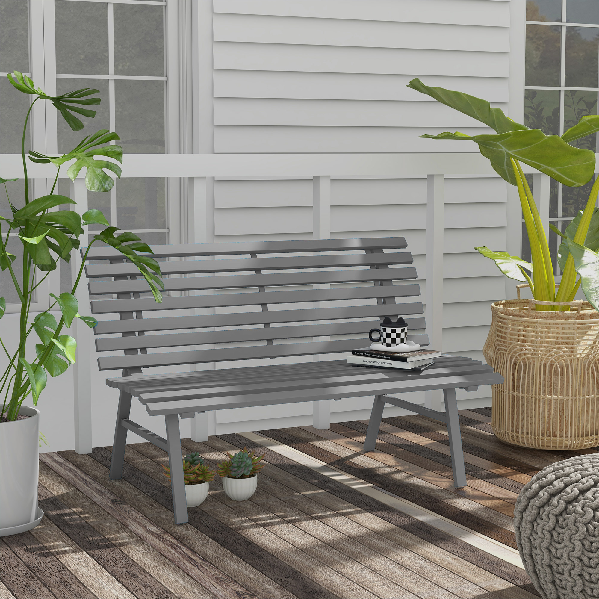 Outdoor Bench Patio Bench, Aluminum Lightweight Park Bench with Slatted Seat for Lawn, Park, Deck, Grey - Image 6