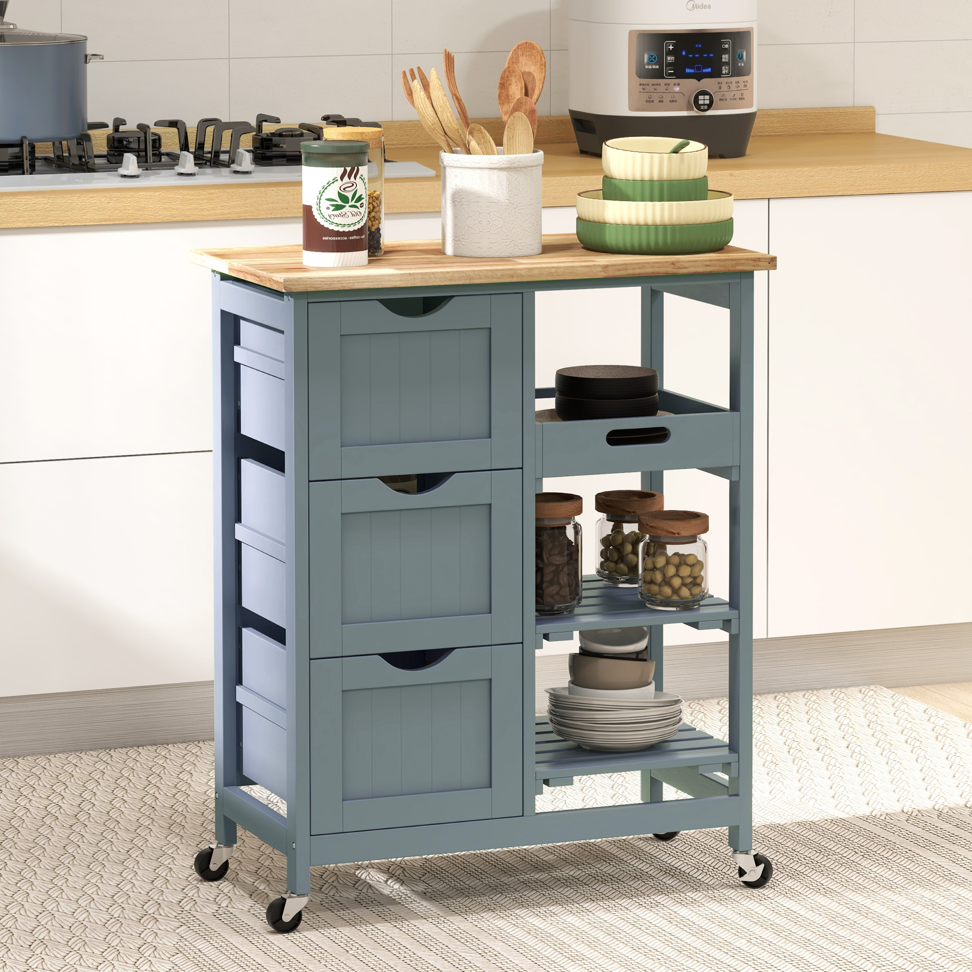 Kitchen Cart on Wheels, Rolling Kitchen Island Cart with Wood Top, 3 Drawers and Shelves for Home Dining Area - Image 6