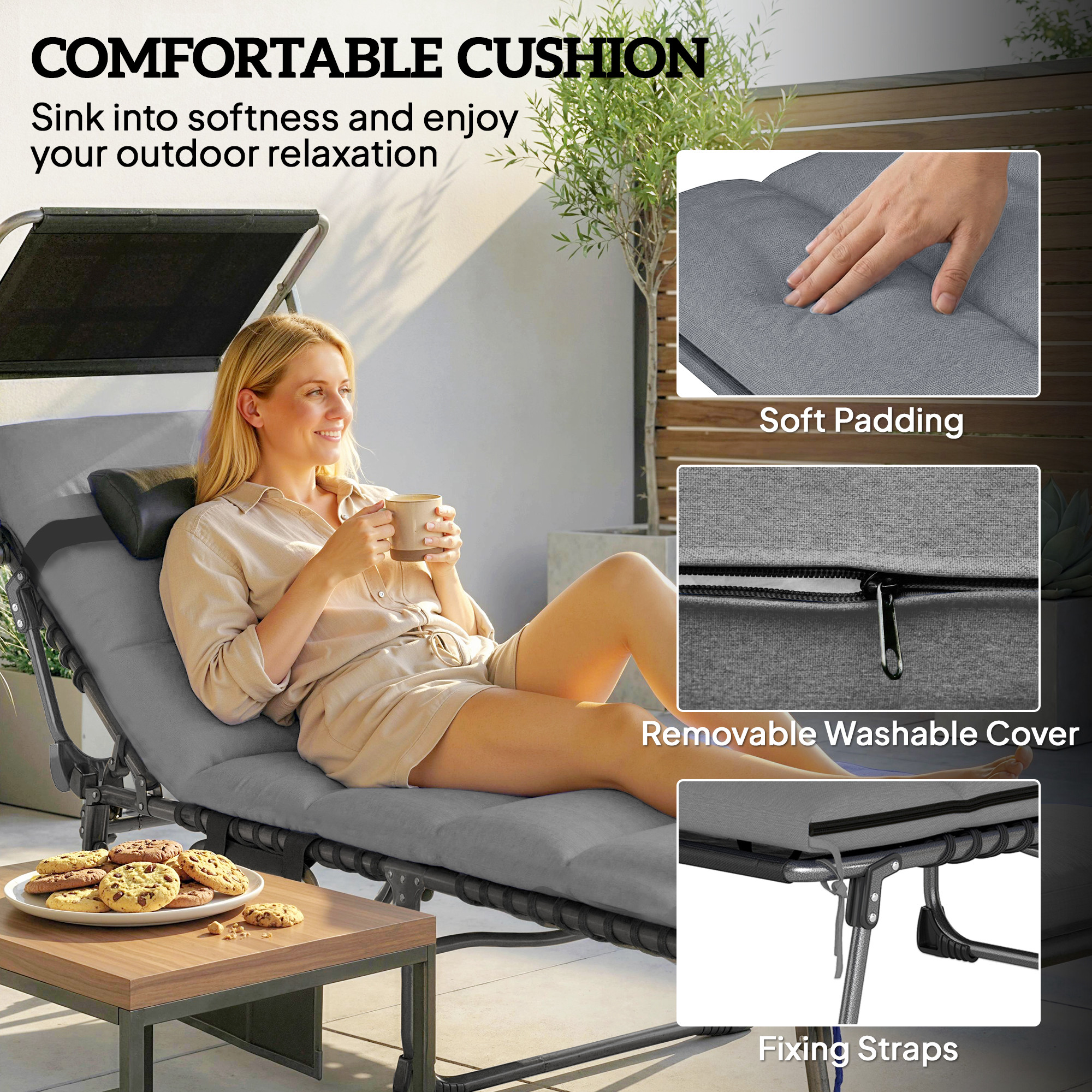 Lounge Chair Outdoor, Folding Chaise Lounge with 5-Level Adjustable Back, Cushion, Side Pocket and Headrest - Image 4