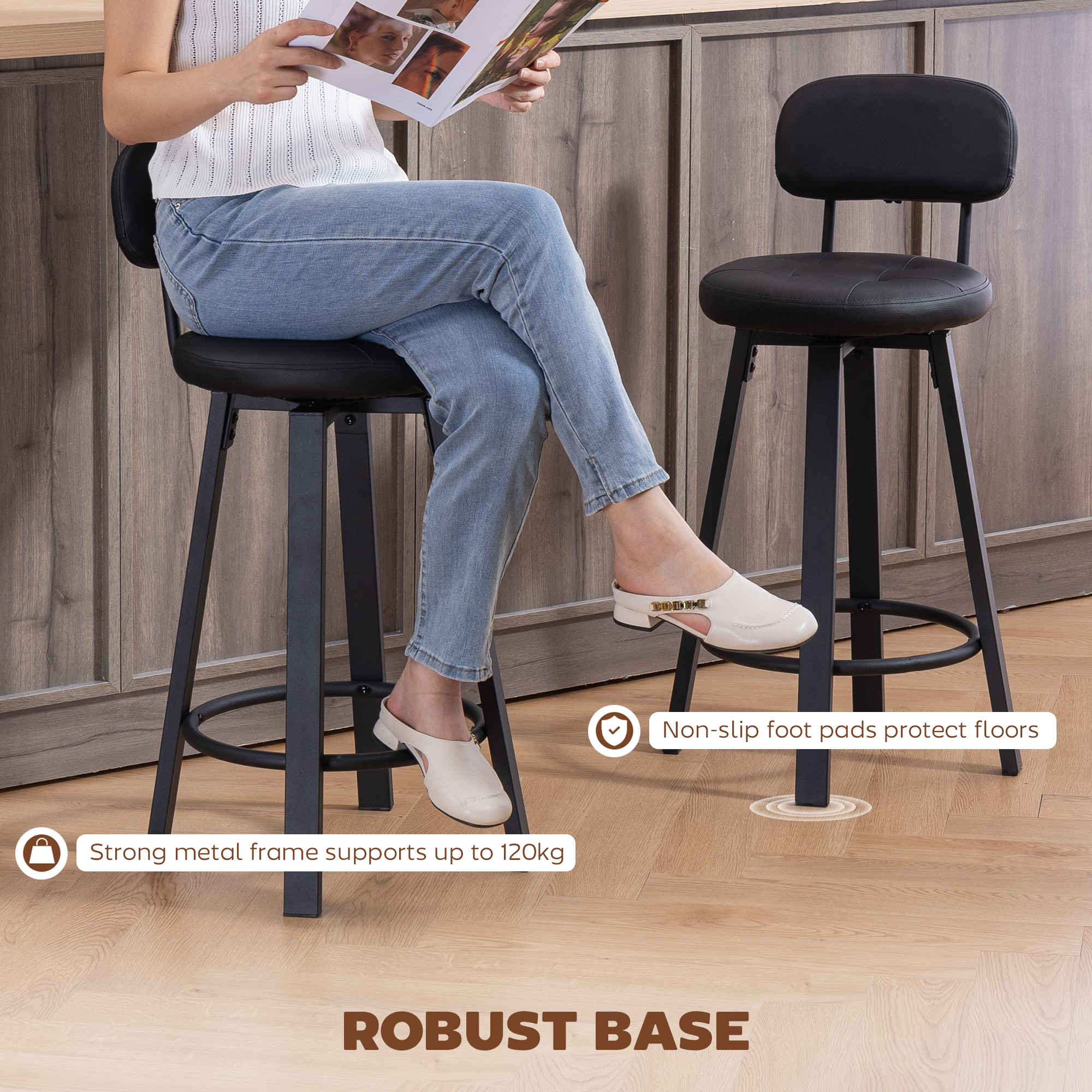 Bar Stools Set of 2, Upholstered Breakfast Bar Chairs with Footrest and Backrest for Kitchen Counter, Black - Image 5