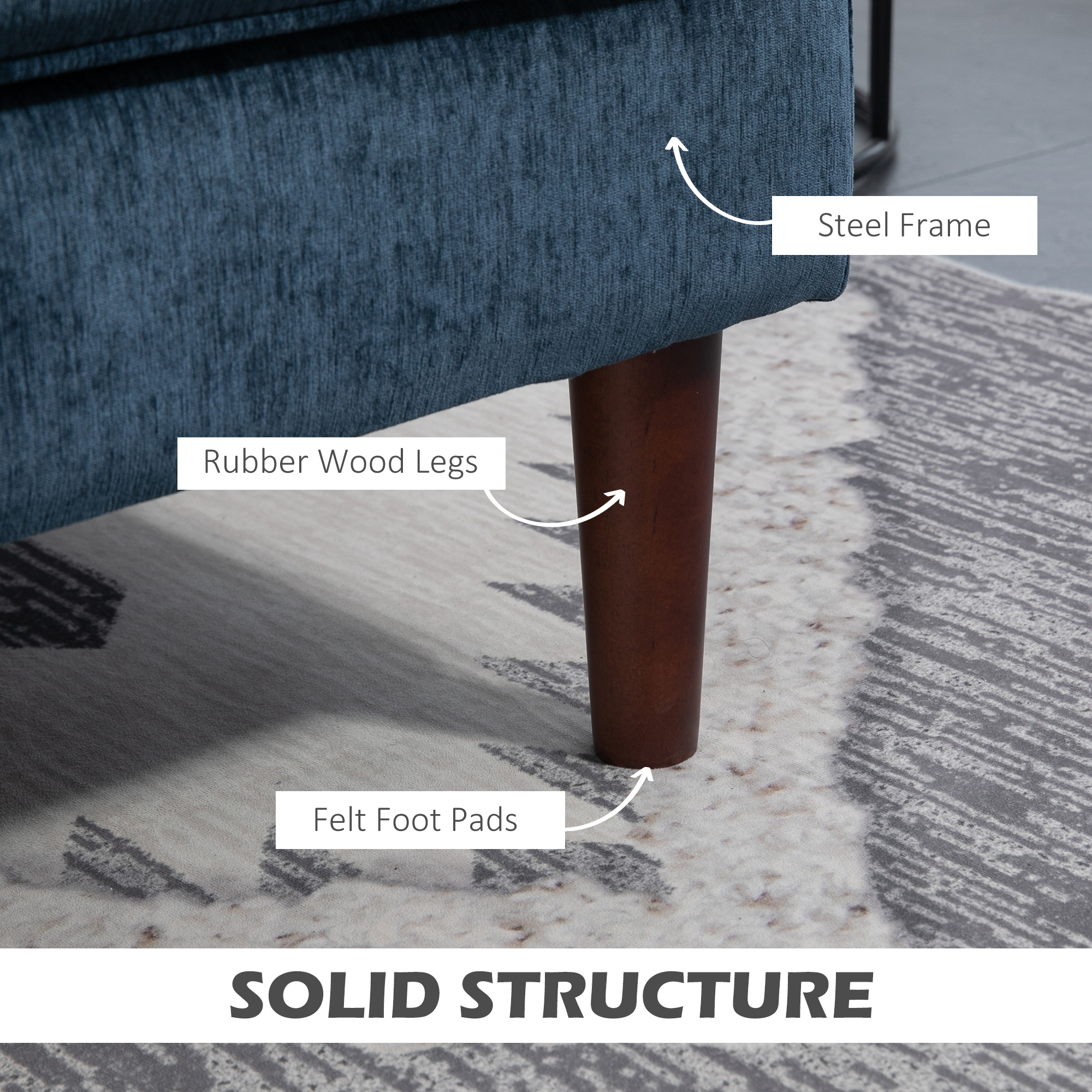Modern Corner Couch with Right Chaise Lounge, Tufted 3-Seater Sofa with Wooden Legs for Living Room, Navy Blue - Image 5